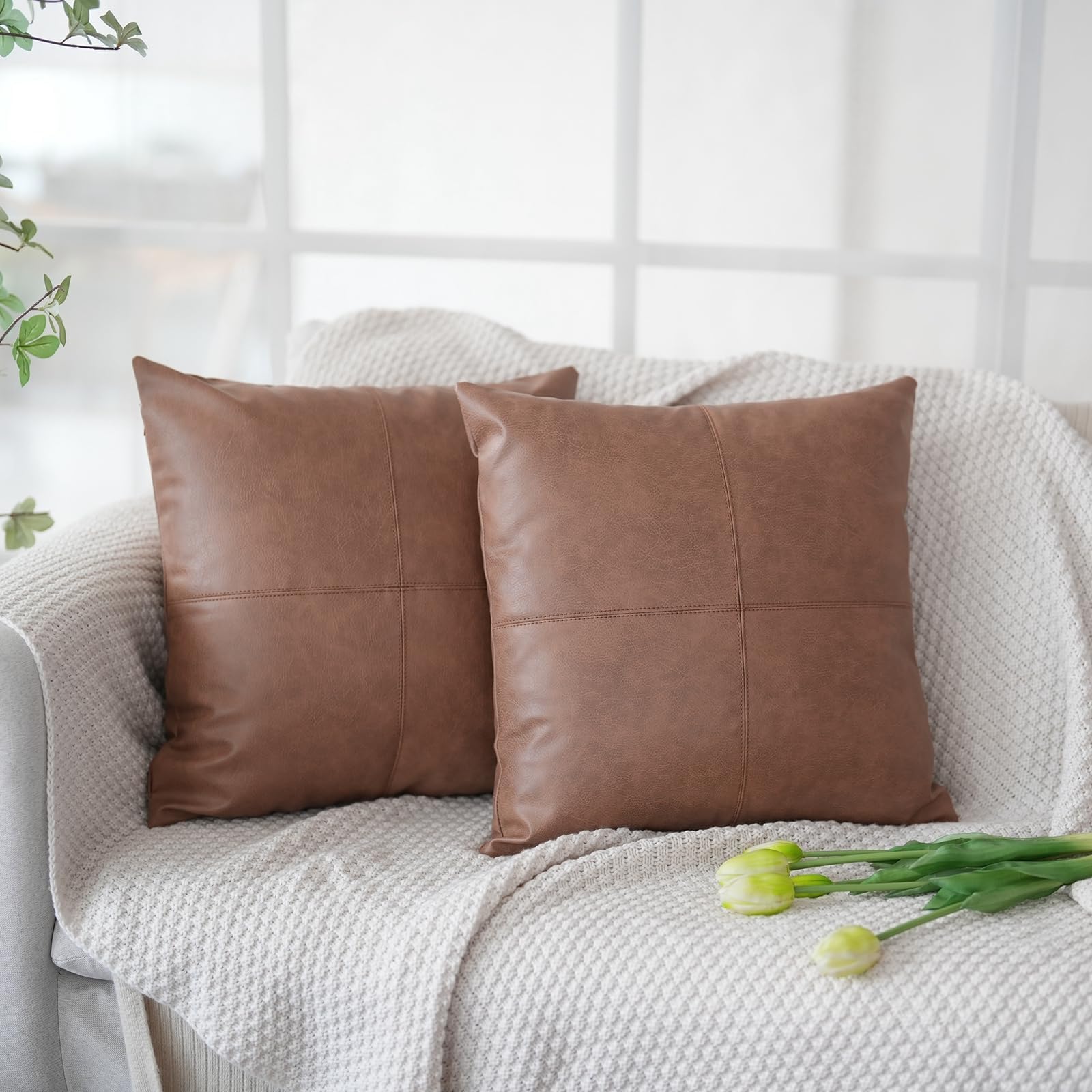 Tosewever Faux Leather Patchwork Throw Pillow Covers, 18 x 18 inch Set of 2 Luxury Cognac Leather Modern Decorative Pillowcases for Bedroom Living Room Sofa Home Garden (Brown, 18" x 18")