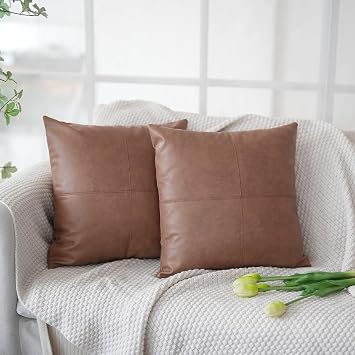 Tosewever Faux Leather Patchwork Throw Pillow Covers, 16 x 16 inch Set of 2 Luxury Cognac Leather Modern Decorative Pillowcases for Bedroom Living Room Sofa Home Garden Brown, 16" x 16"
