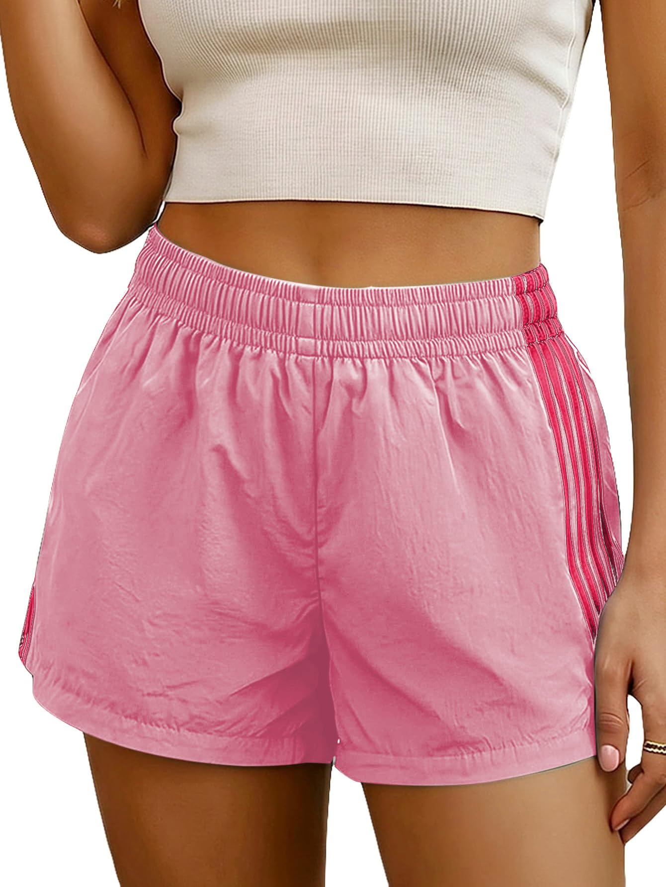 Photo 1 of MakeMeChic Women's Striped Summer Shorts Workout Running Shorts Mini Micro Sweat Track Shorts Gym Athletic Wear Pink Medium