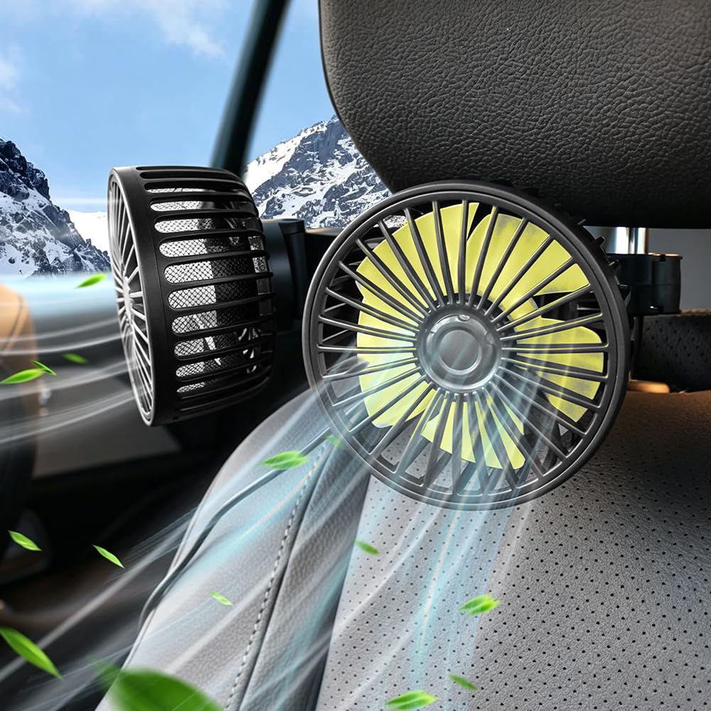 Ventilateur de voiture USB pour siège arrière - Réglable à 360° - 12 V - 3 vitesses - Puissant ventilateur silencieux pour la maison/le bureau - 12 V - Pour camion, camping-car, bateau, caravane