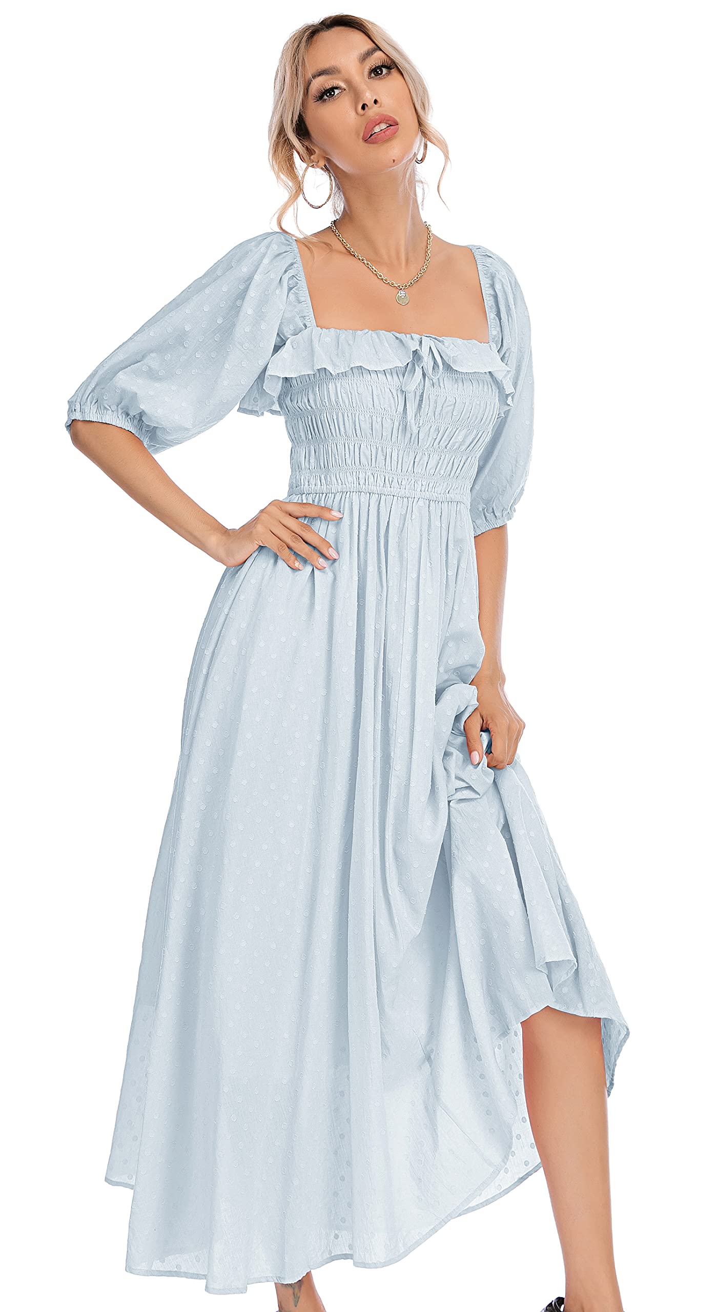 R.Vivimos Women Summer Cotton A Line Flowy Long Dresses | Half Sleeve, Ruffled, Vintage Elegant, Smocked Backless Dress, Maternity Shoot, Baby Shower, Casual Vacation Outfits