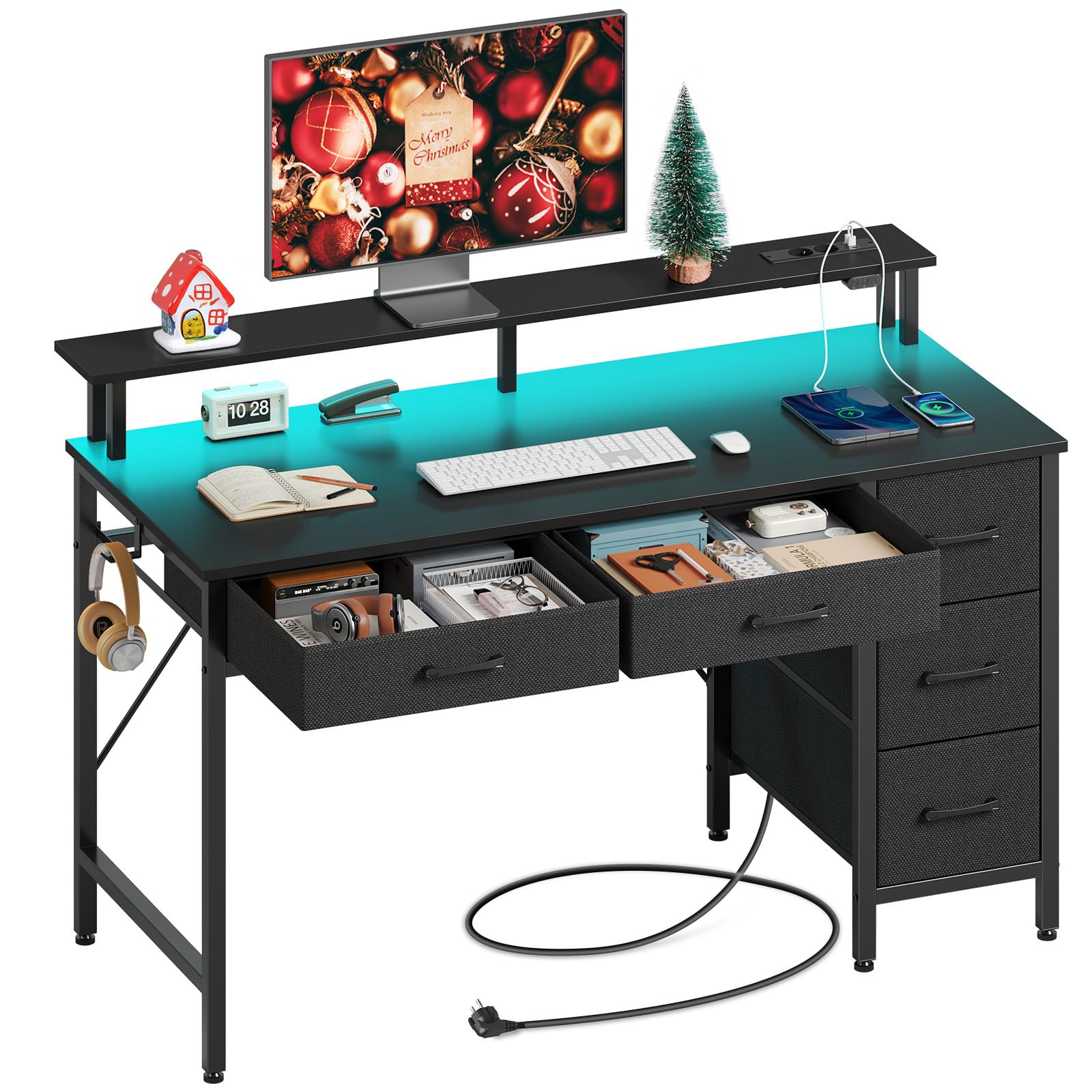 Rolanstar Bureau avec 5 tiroirs, table pour ordinateur avec prises de courant, bureau de gaming avec éclairage LED, support pour moniteur, pour bureau à domicile, chambre, salon, bureau (Noir, 120)