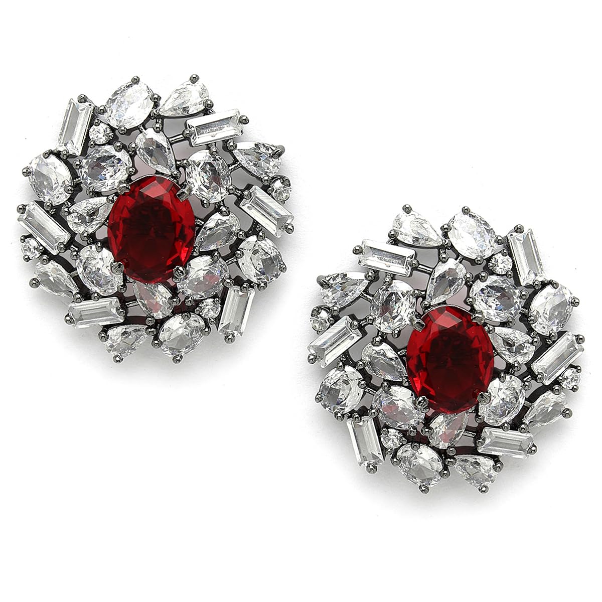 Karatcart Black Silver Plated Red Oval American Diamond Floral Stud Earrings for Women