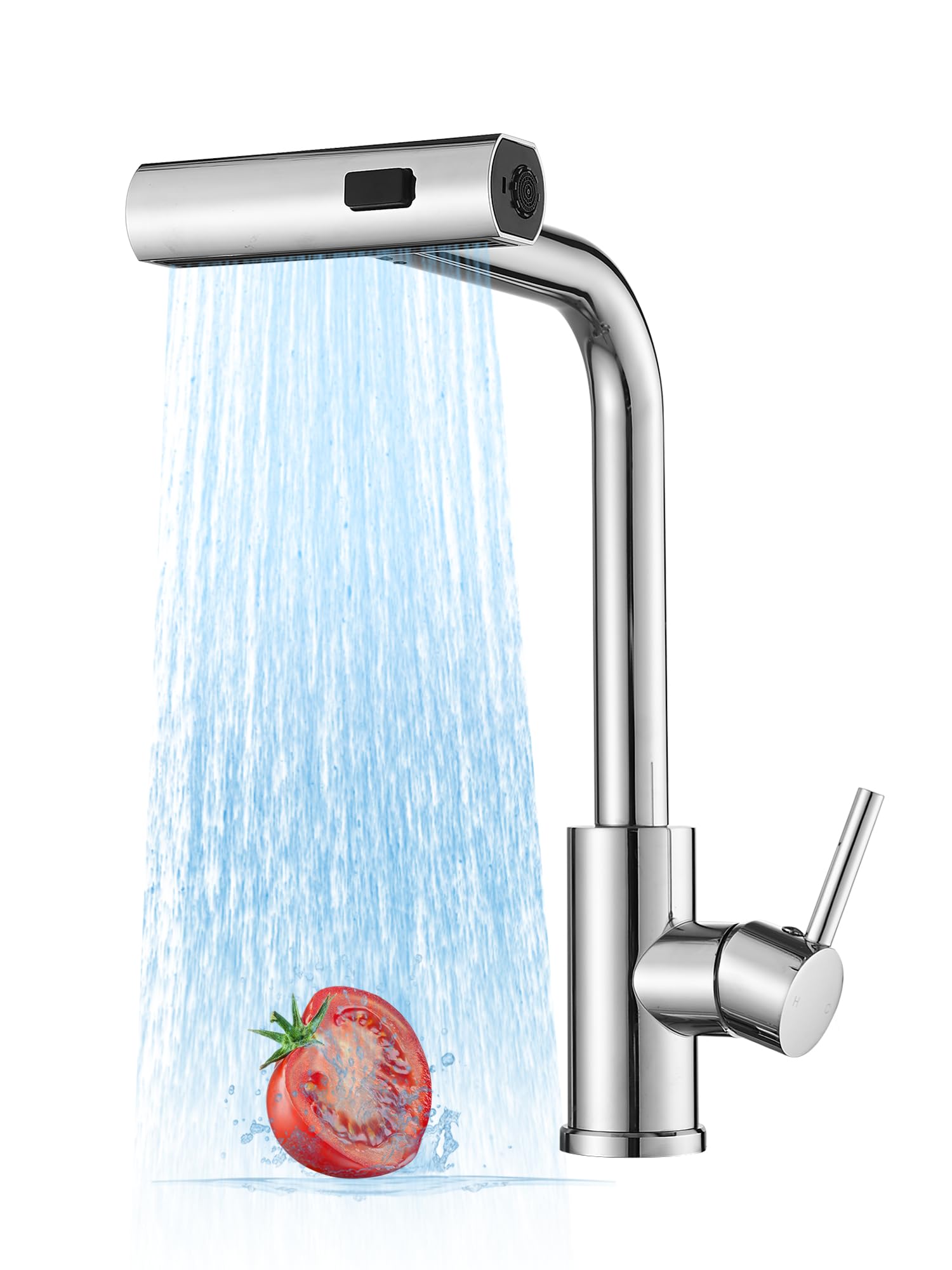 Waterfall Kitchen Taps with Pull Out Spray, Stainless Steel Kitchen Sink Taps, 3 Function Kitchen Mixer Tap with Pull Down Sprayer, 360°Swivel Single Lever Faucet for Bar （G1/2 UK