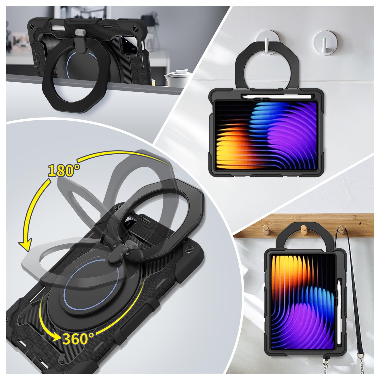 Wytrzymały futerał ochronny do Xiaomi Pad 8/8 Pro 11,2" 2026, podstawka obrotowa 360°, pasek na ramię, uchwyt ołówek i pierścień uchwytu, odporna wstrząsy osłona dla dzieci dorosłych(Noir)