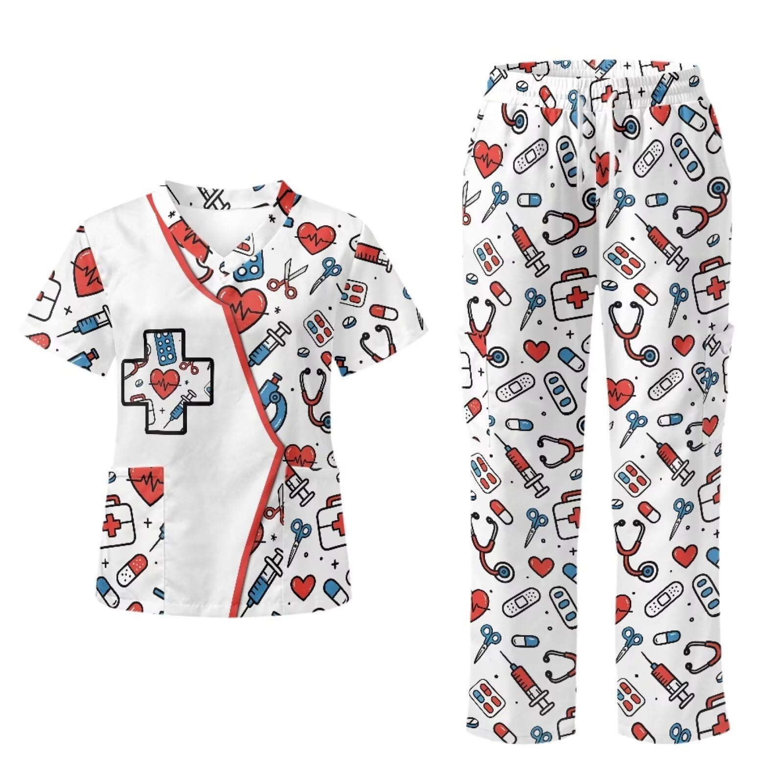 Set di scrub con stampa carina con scollo a V e pantaloni a gamba dritta con 6 tasche, per infermieri, abbigliamento da lavoro, facile da pulire