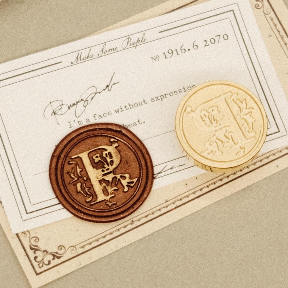 Poemluve Wax Seal Stamp Alphabe Letters P 25mm Initials Vintage Sealing Wax Stamps Brass Head with Removable Wood Handle for Scrapbooking Wedding Invitation - Image 2