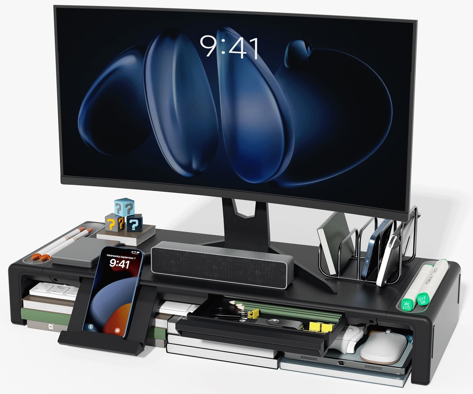 Oimaster Monitor Stand Riser, Foldable Computer Adjustable Height And Storage Drawer & Pen Slot, Phone With Computer, Desktop, Laptop, Save Space (Black)