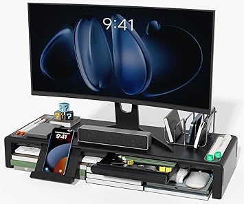 OImaster Adjustable Monitor Stand Riser with Drawer - Foldable Computer Stand for Desk, Desktop Organizer with Phone Holder & Pen Slot, Space Saving Laptop Riser for Home Office, Black