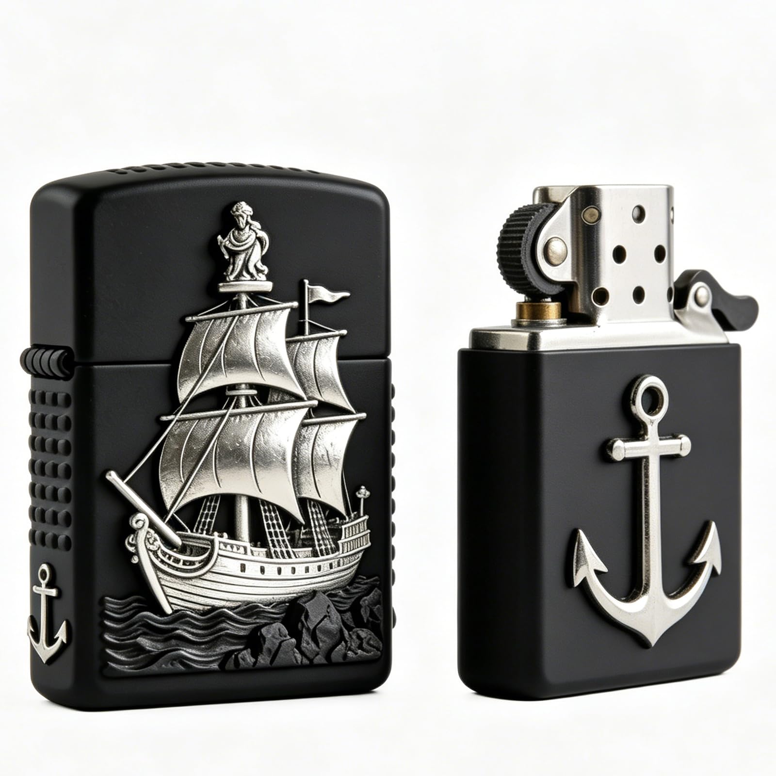 3D Sailboat Carving Flint Kerosene Lighter Windproof Flip Top Wheel Grinding Open Flame Fire Lighter for Daily Use (D)