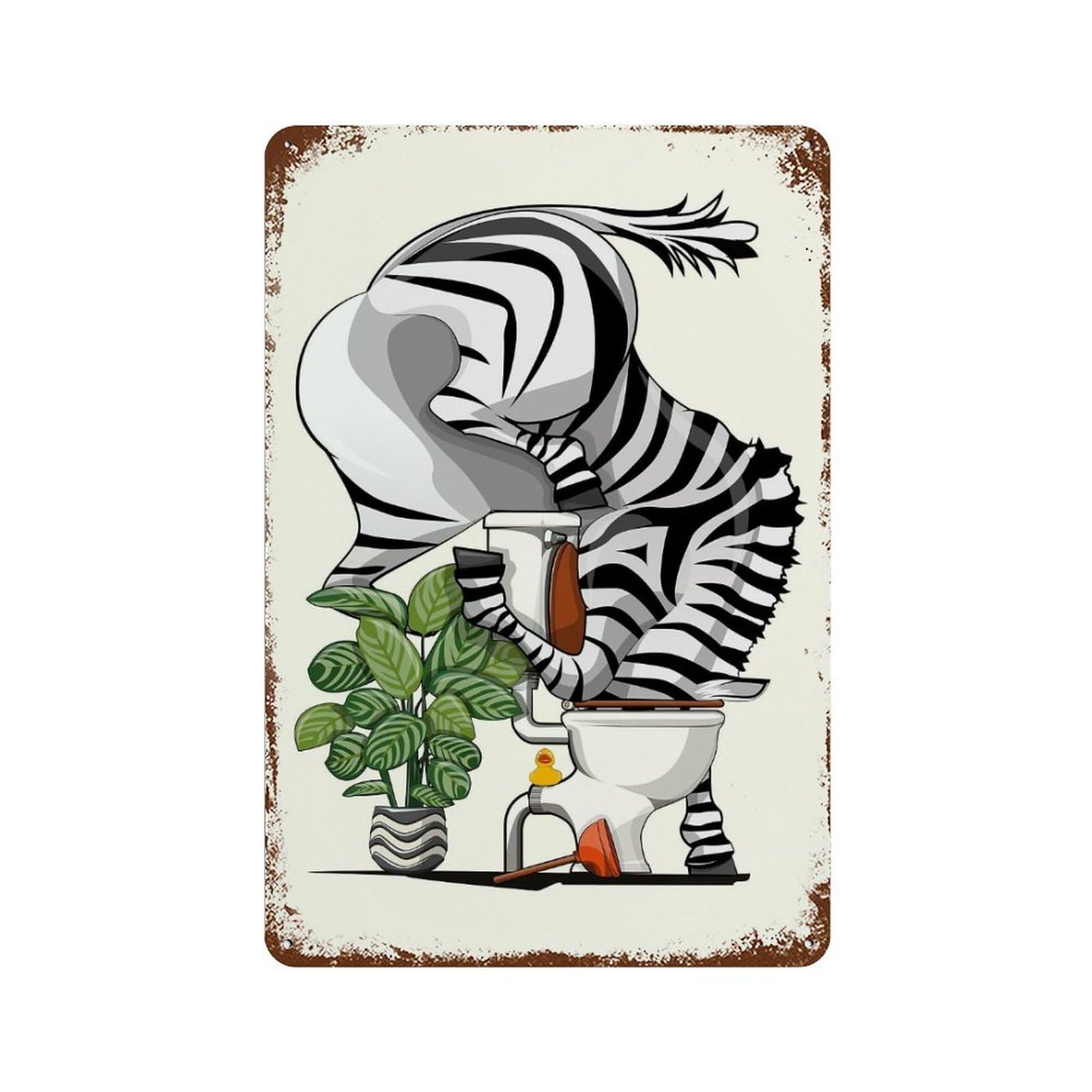 Zebra Drinking from Toilet Aged Metal Wall Plaque 11.8"x7.9", Farmhouse Wall Decor for Office, Studio And Wall Decor