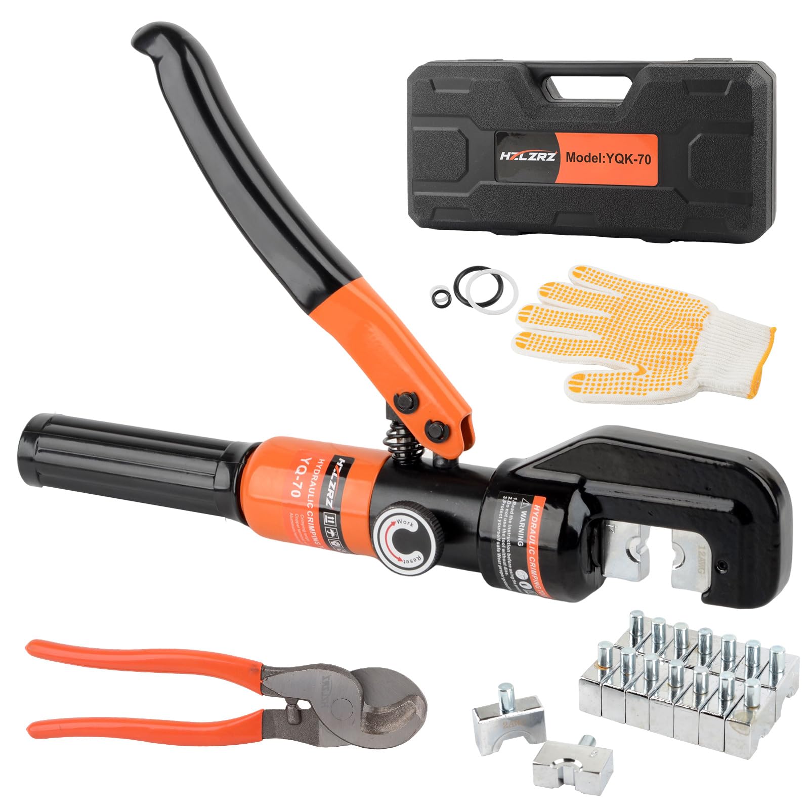 HZLZRZ Hydraulic Crimping Tool and Battery Cable Crimper Tool, Cable Cutter(2/0), Wire Crimping Tool Battery Range 12AWG-2/0AWG, 9 Pairs Of Dies For