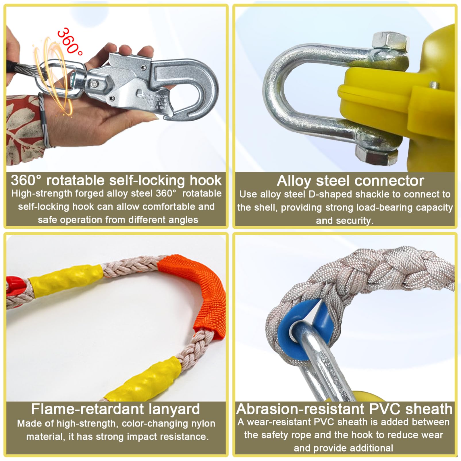 Imbracatura di Sicurezza Anticaduta Tetto 150kg(Giallo,15m) | Dispositivo Anticaduta Retrattile Certificato 10 mt/15 mt/20 mt, Corda Sicurezza Anticaduta Retrattile Tetto/Lavoro Aereo