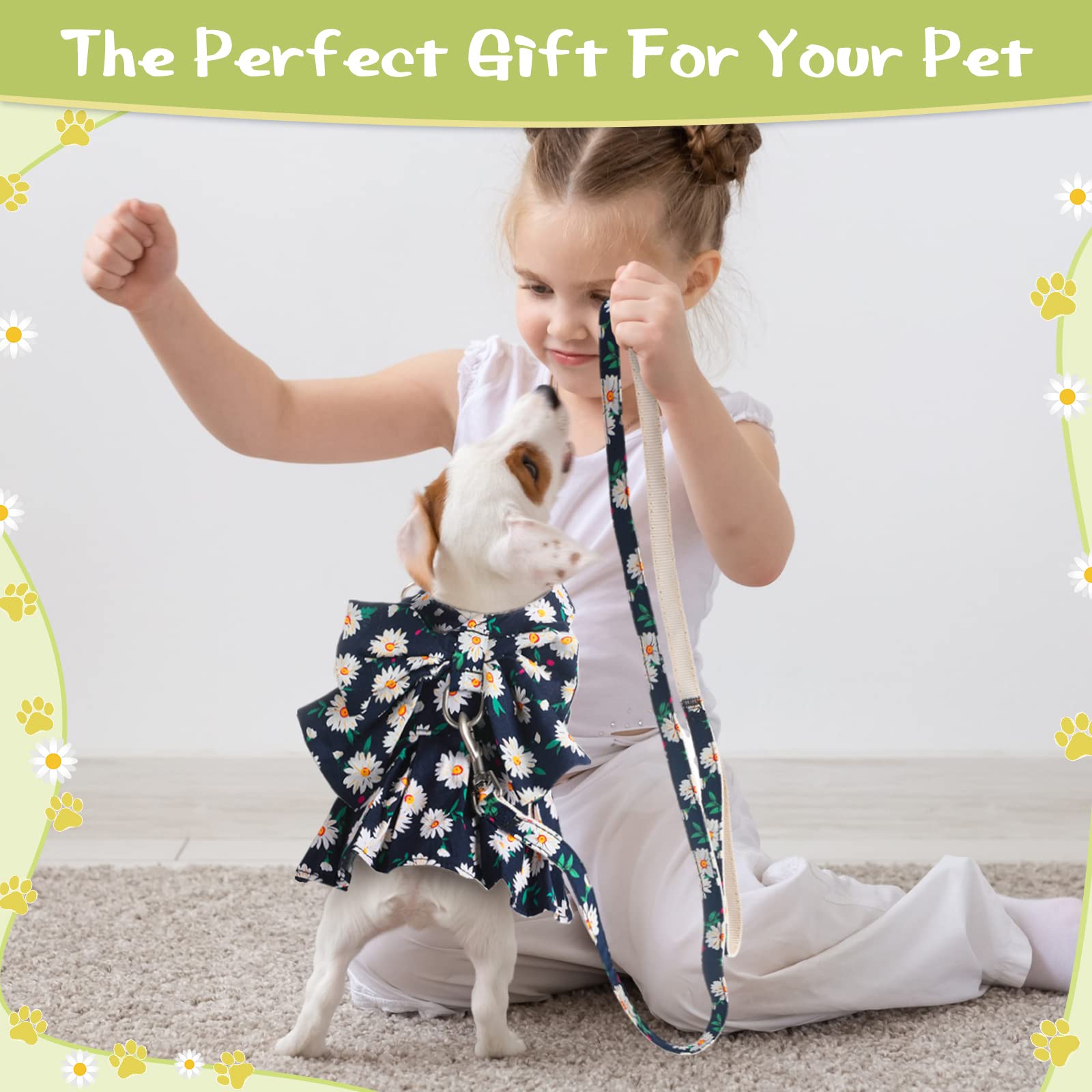 Sanwuta Confezione da 4 pettorina per cani con fiocco, pettorina e guinzaglio, motivo floreale da principessa, con guinzaglio, per passeggiate all'aperto, 4 colori (Small)