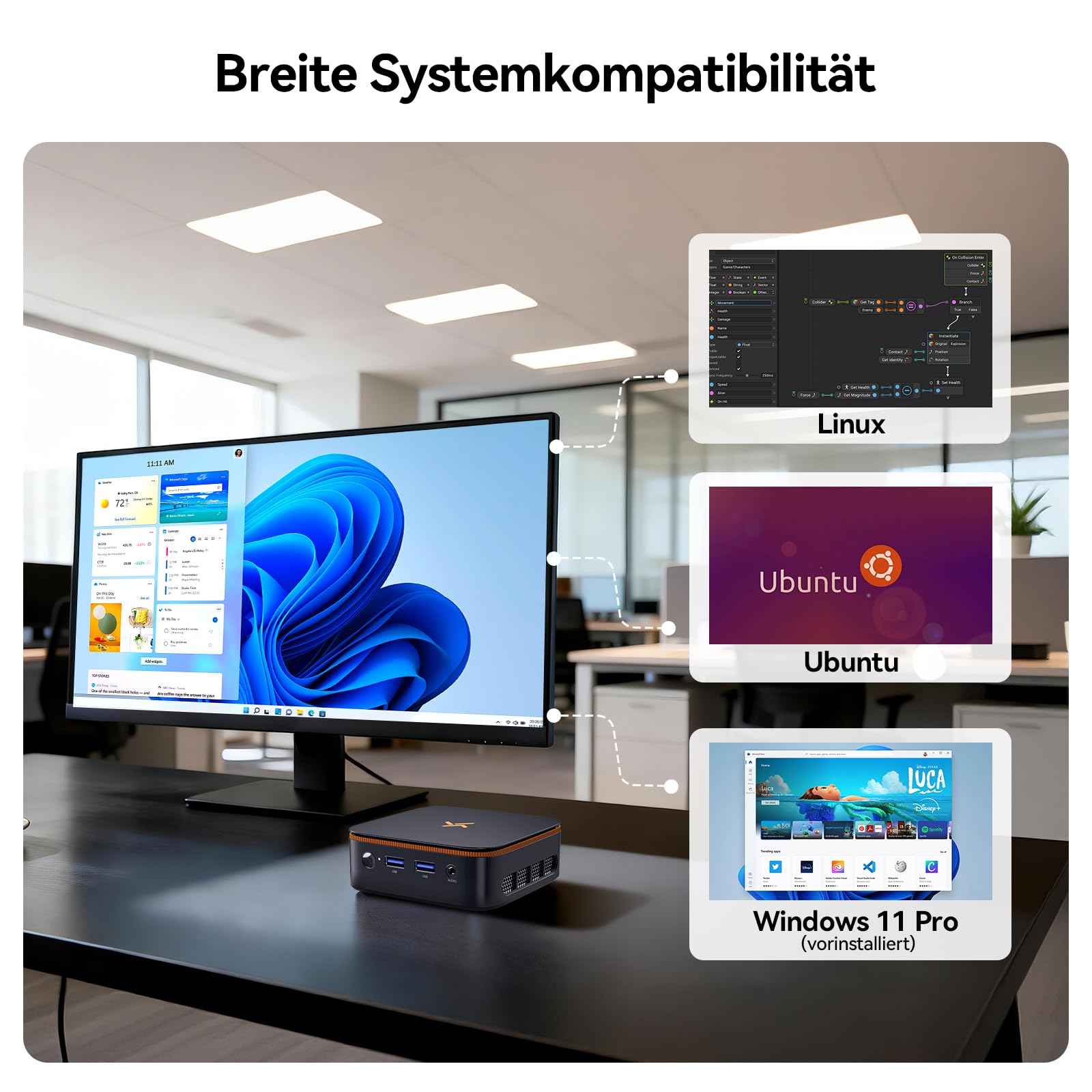 Huidun H50 AMD Ryzen 3300U Mini PC (25% mehr Leistung als N95), 256GB SSD Win 11 Pro Micro PC, Dual WiFi, DP+HDMI 4K@60Hz, USB3.2 Für Business/Heimkino/Schule[3 Jahre Garantie]