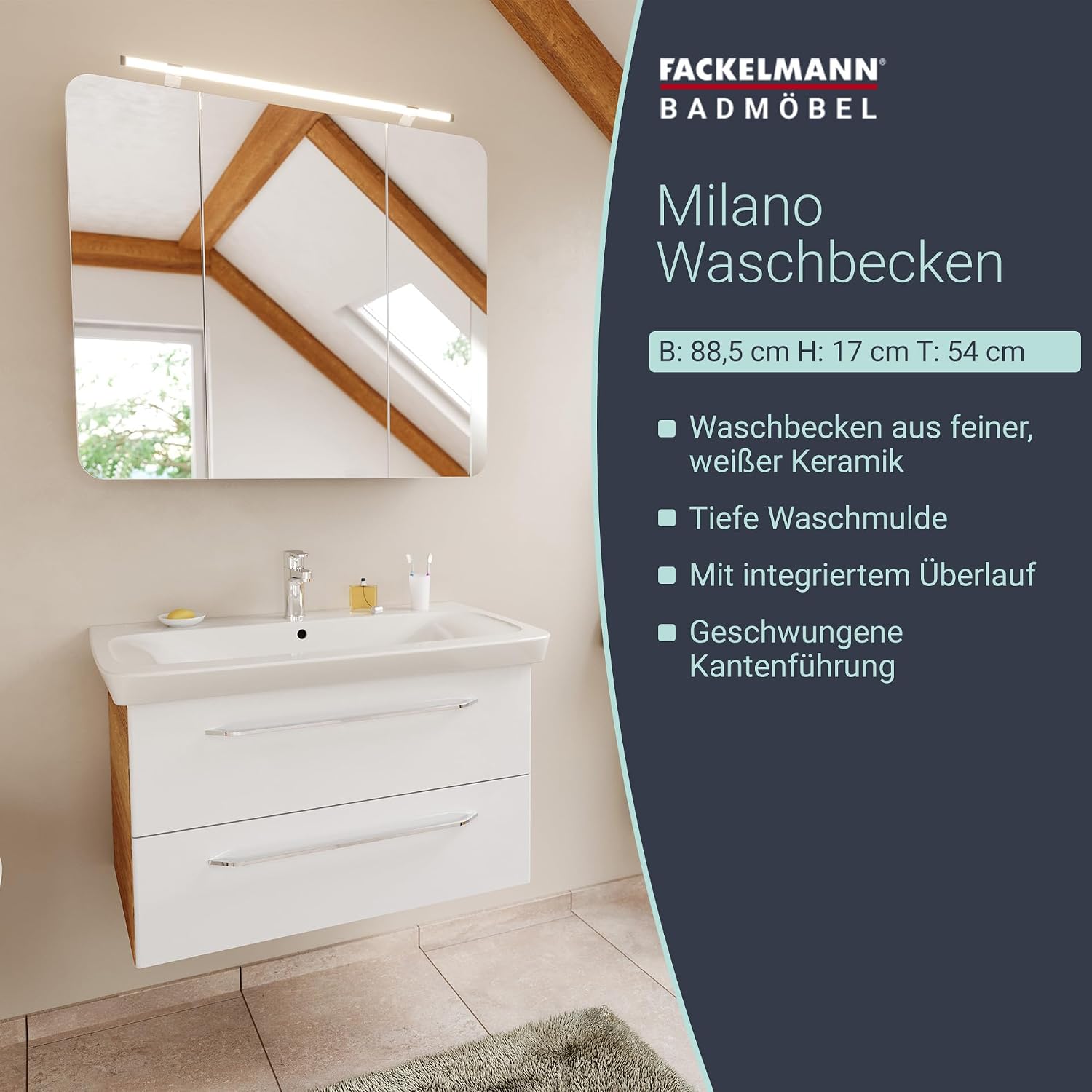 FACKELMANN Milano Ceramic Wash Basin, 88.5 x 17 x 54.5 cm, Ceramic Basin in White, Bathroom Sink for Bathroom & Toilet