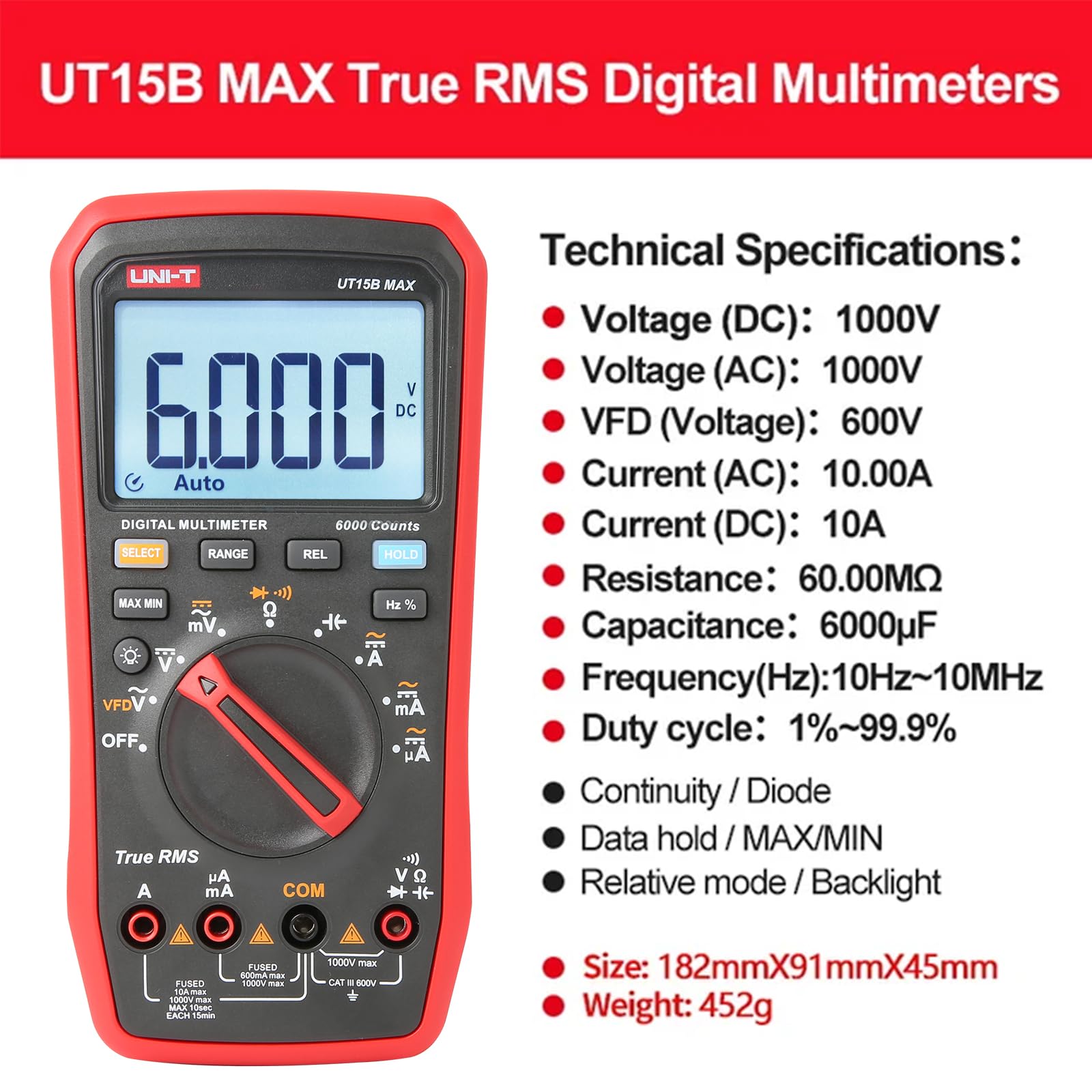 UNI-T UT15B Max Digital Multímetro VFD 1000V AC DC Amperímetro Voltímetro Resistencia Capacidad Frecuencia Eléctrico Multímetro
