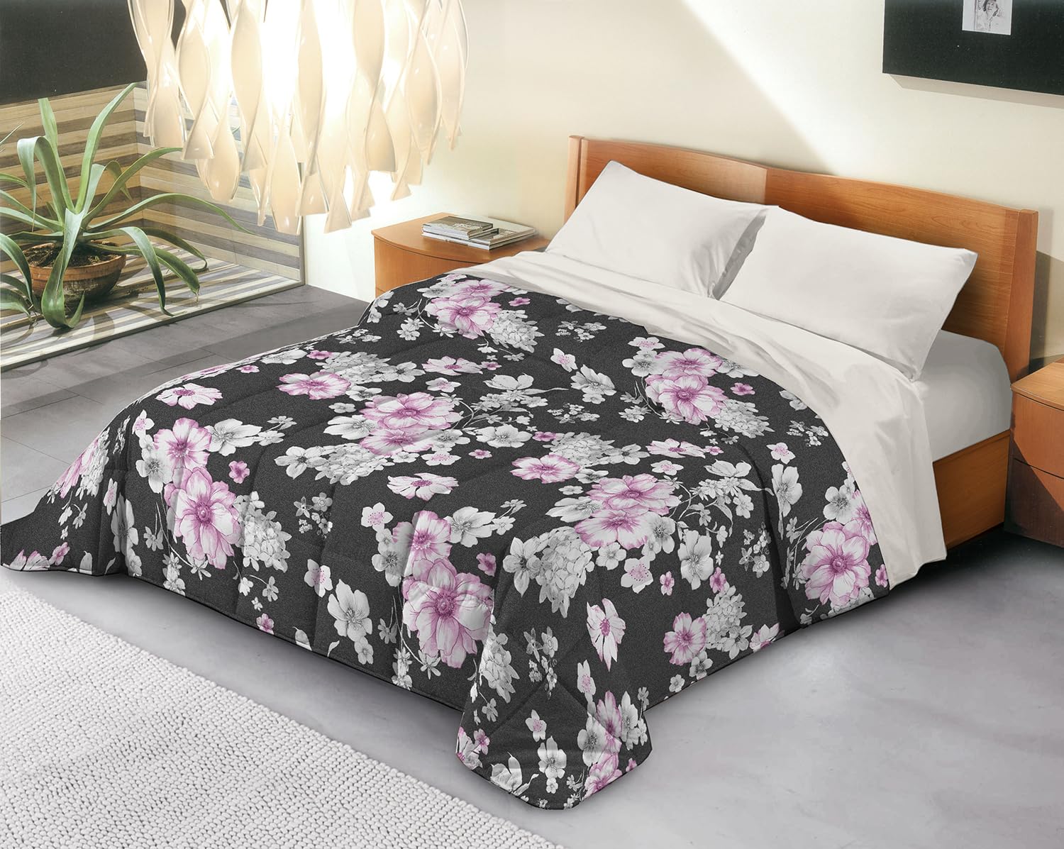 Banzaii Trapunta Invernale in Ecopiuma da 380 gr/mq anallergica e traspirante – Piumone Caldo e Morbido – Prodotto in Italia - Una Piazza e Mezza 220x260 cm, Sally Nero