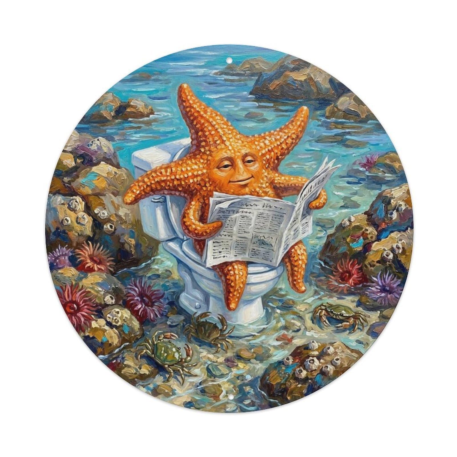 Starfish On Toilet Humorous Bathroom Tide Pool Reads Metal Tin Sign
