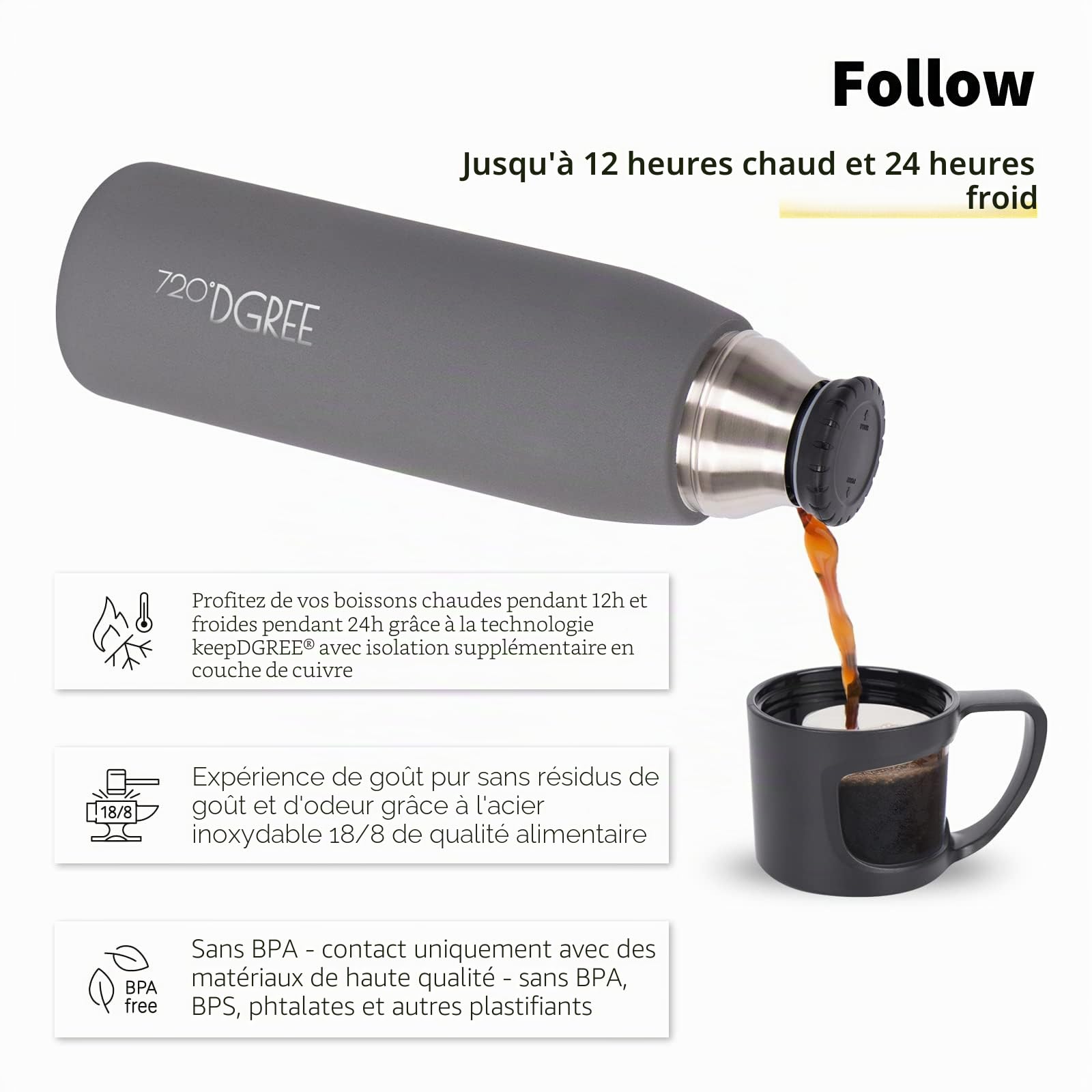 720°DGREE Bouteille Isotherme Follow 450ml, 700ml, 1l | Gourde Thermo Acier Inoxydable | Ideal pour Café et Thé avec Gobelet, Tasse | Boissons Chaudes ou Froides au Travail, Voyage, Ecole