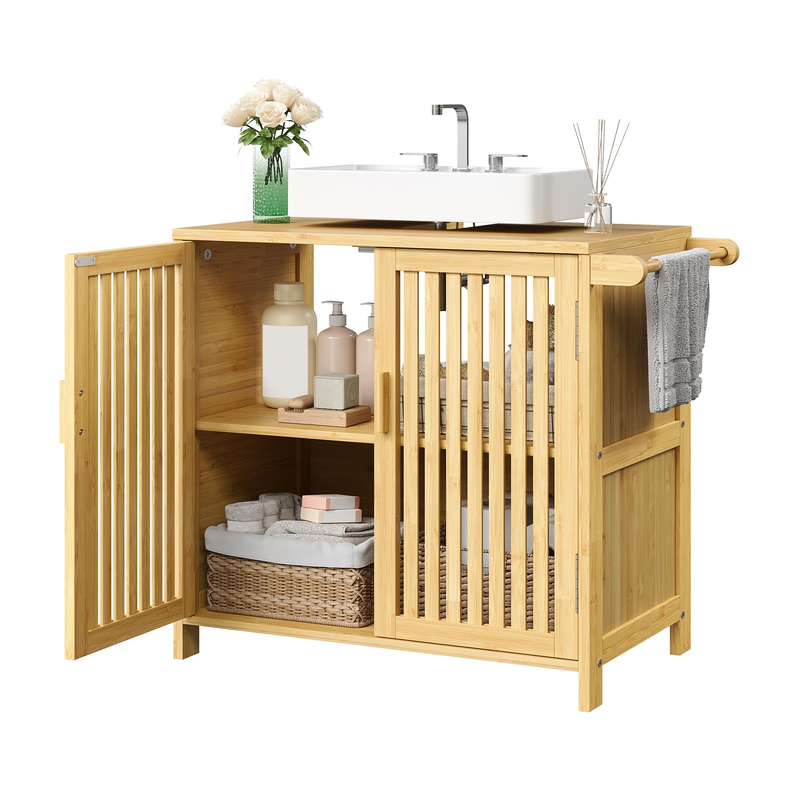 HOOBRO Bambus-Waschbeckenunterschrank mit 2 Türen, 2 Fächern und Handtuchhalter, Unterschrank, Badezimmerschrank, Badschrank, 60 x 30 x 60 cm, für Waschbecken ohne Säule, Natur EYL06BV01