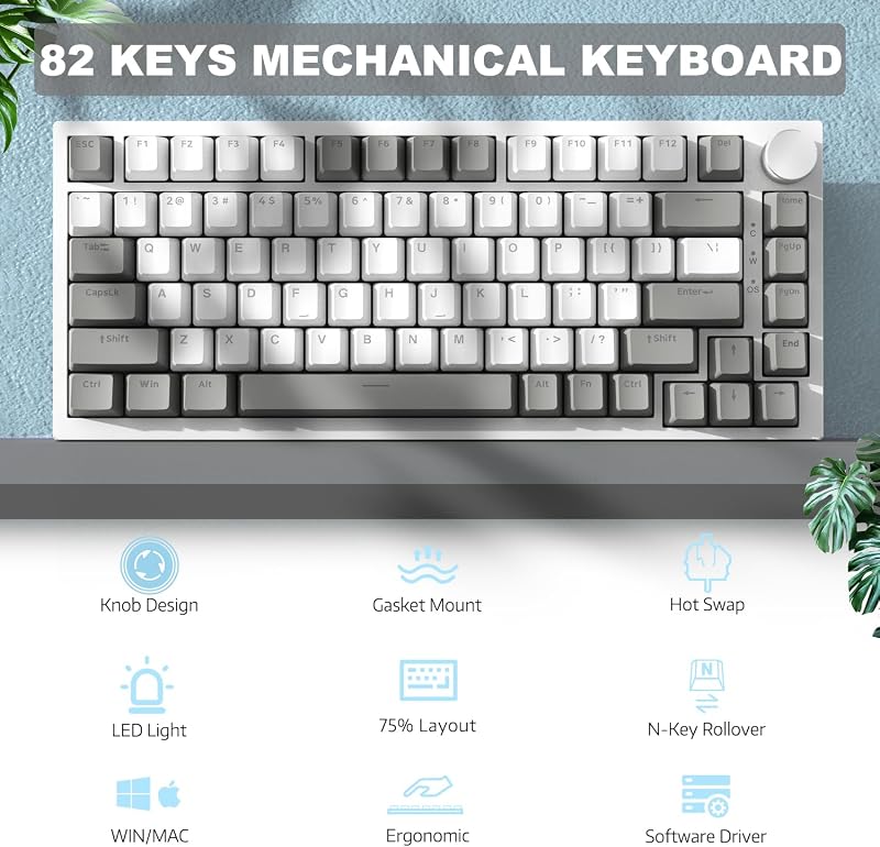 AJAZZ AK820 75% Mechanikus Billentyűzet Hot Swap Linear Switch 82 Gomb CNC Hangerő Szabályozó Szürke Fehér PC MAC