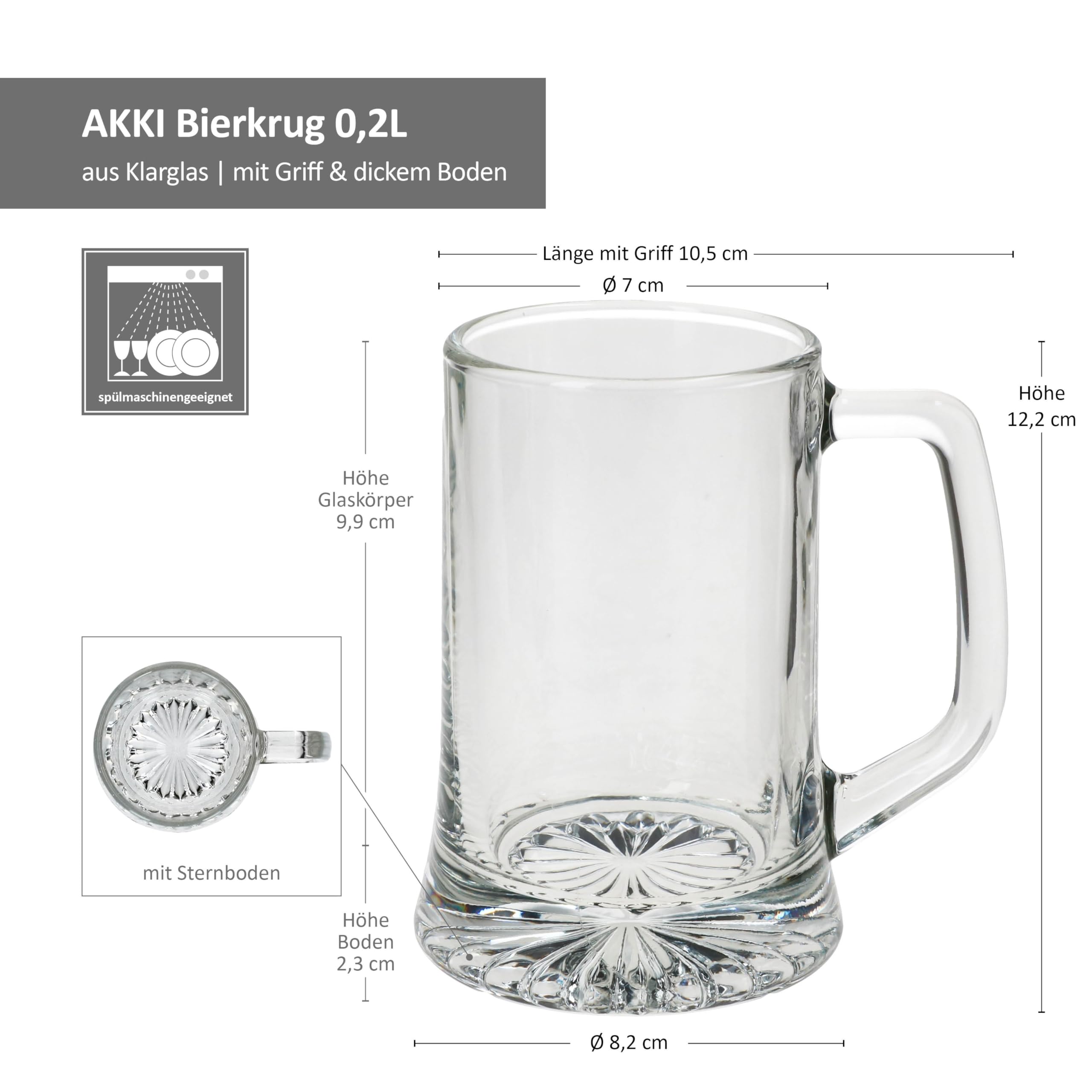 MamboCat Akki - Set di 12 boccali da birra da 0,2 l, altezza 12,2 cm, per 12 persone, in vetro con fondo a stella e manico, bicchieri da birra trasparenti da 200 ml, per feste