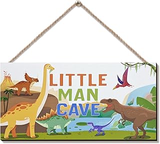 ZIEYOMI- Little Man Cave Sign Boys Room Decor, Dinosaur Theme Bedroom Decor Hanging Wall Art, Wooden Plaque Decorations for Nursery Boys Kids Toddler Playroom Living Room