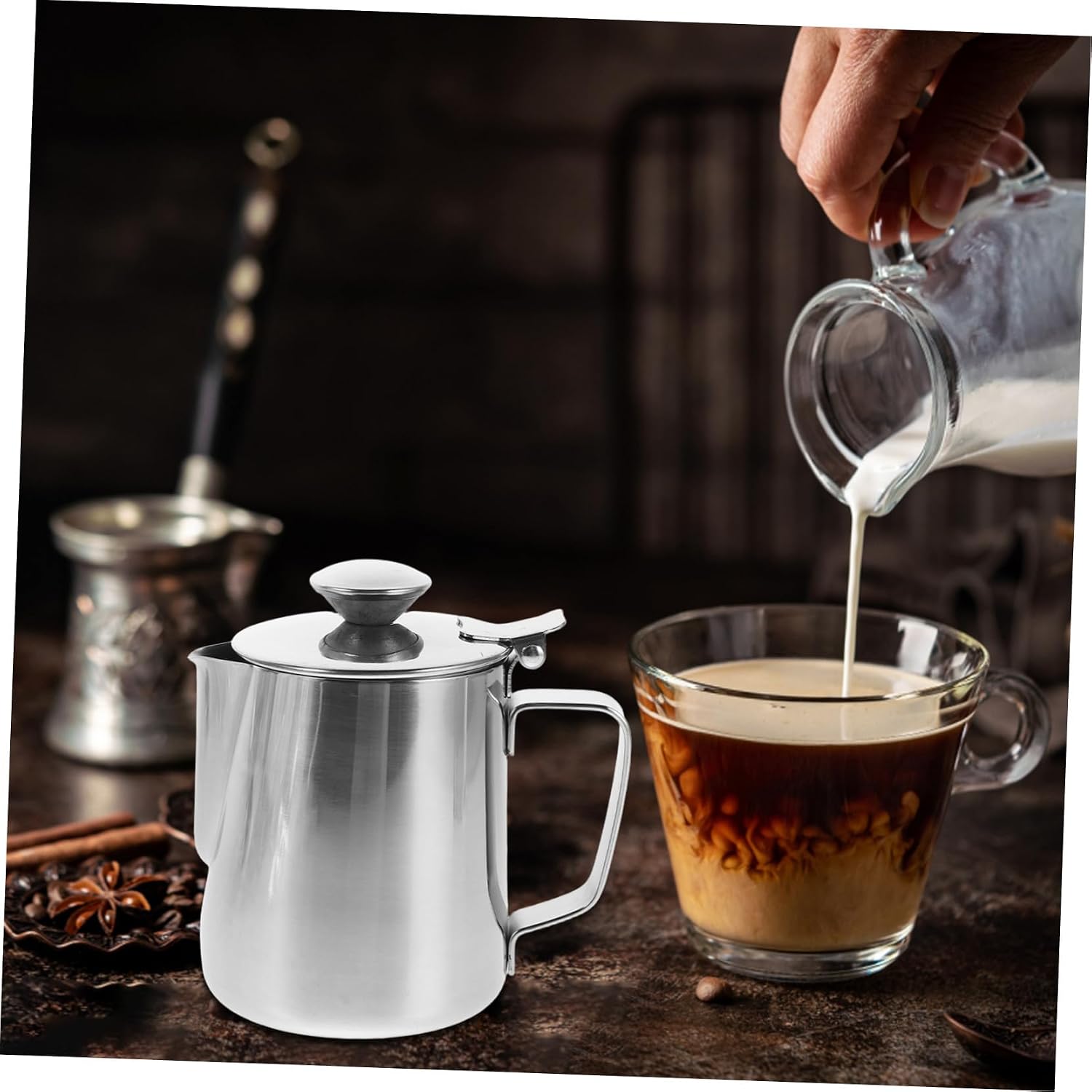 Ipetboom Stainless Steel Milk Frothing Pitcher with Lid for Espresso Latte Art Precise Spout Design for Controlled Pouring Coffee Frother Cup for Home and Office Use
