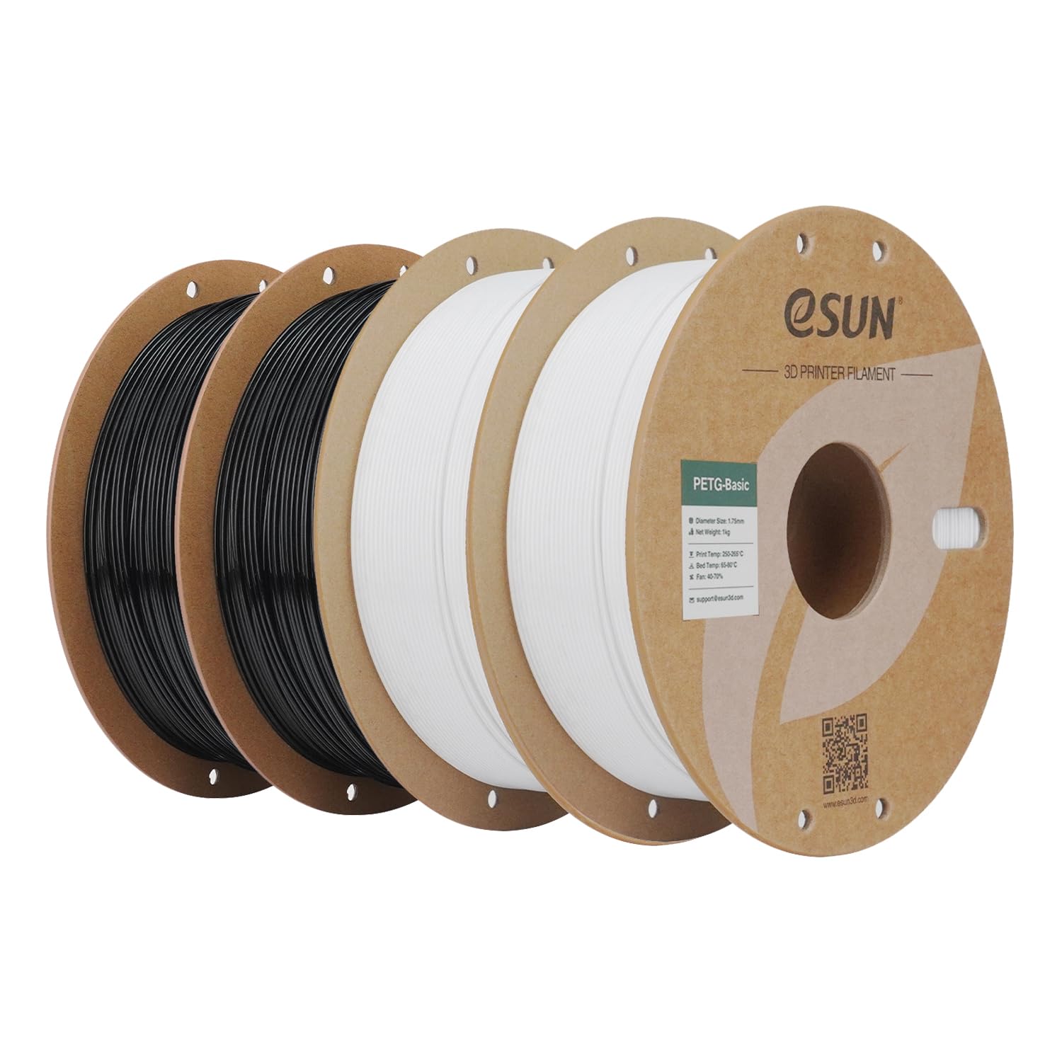 eSUN PETG Basic Filamento 1,75 mm, alta tenacità, 1 KG per bobina, 4 rotoli di materiale di stampa per stampanti 3D, Nero-2KG + Bianco-2KG