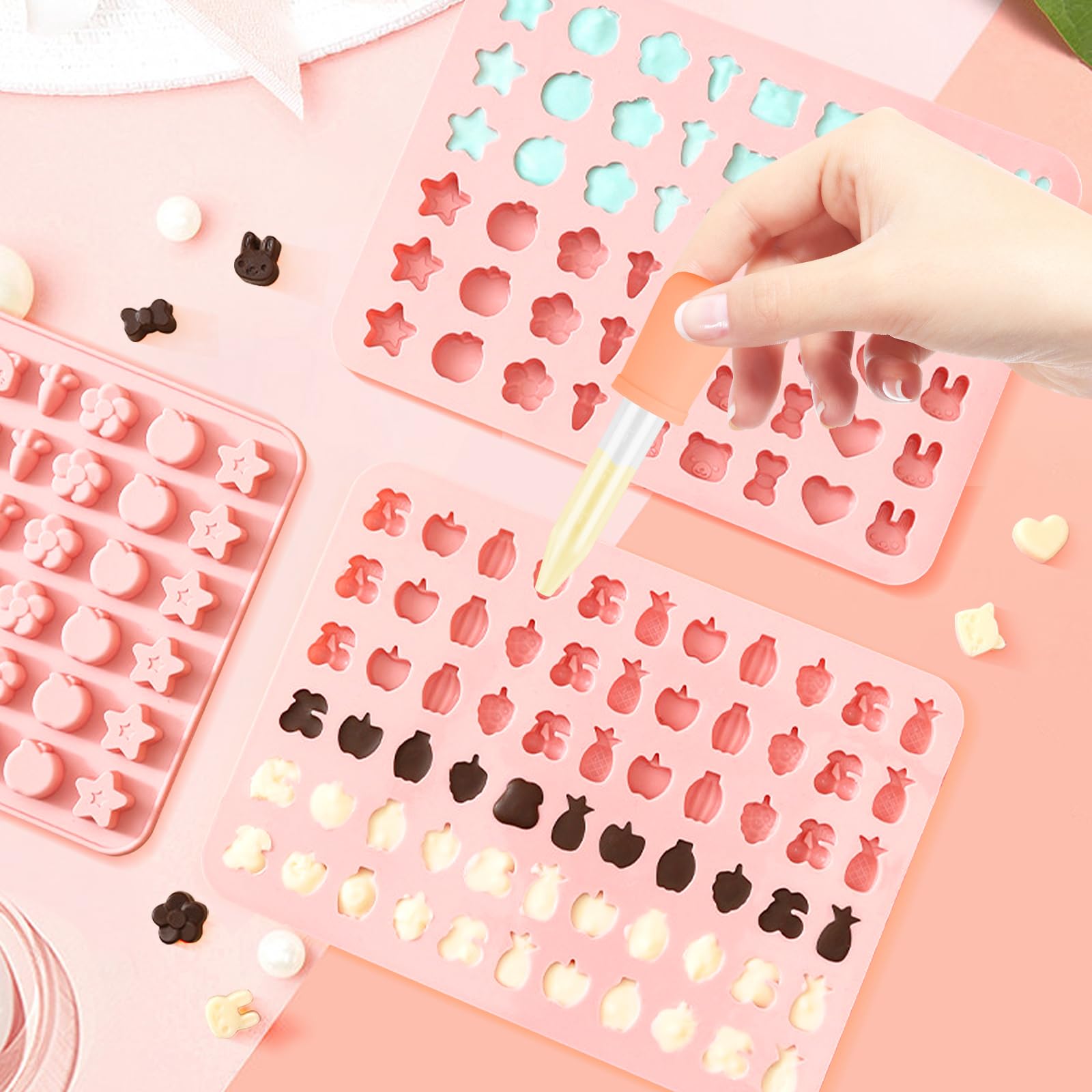 Rubberen beertjesvormen, set van 3 stuks, gummibeertjes-zeepvormen, siliconen gummibeertjesvormen, bakvorm beer-vormen, anti-aanbak, met 2 druppelaars, voor chocoladevormen, gelei