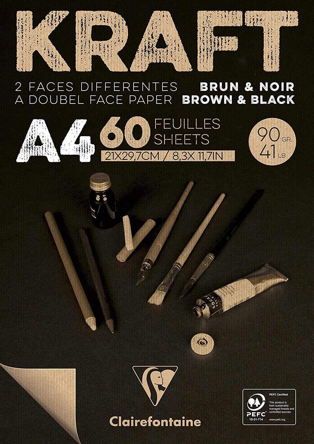 Clairefontaine - Ref 975818C - Kraft Black and Brown Paper Pad (60 Sheets) - A4 (210 x 297mm), 90gsm, Acid Free, pH Neutral, One Side Brown & One Side Black