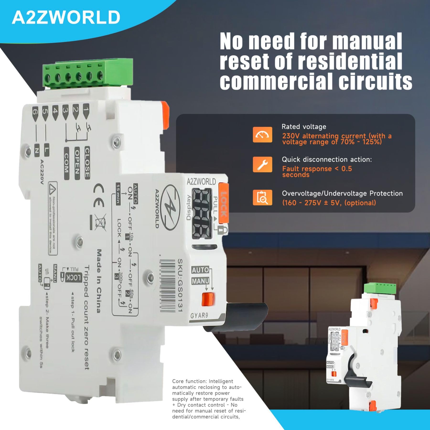 Interruttore Magnetotermico Differenziale Con Riarmo Automatico, RCBO Tipo AC Curva C, Idn 30mA / 0.03A, In 25A, 1P+N 6kA, 3 Moduli, con 3 Tentativi di Riarmo (10s/60s/300s)