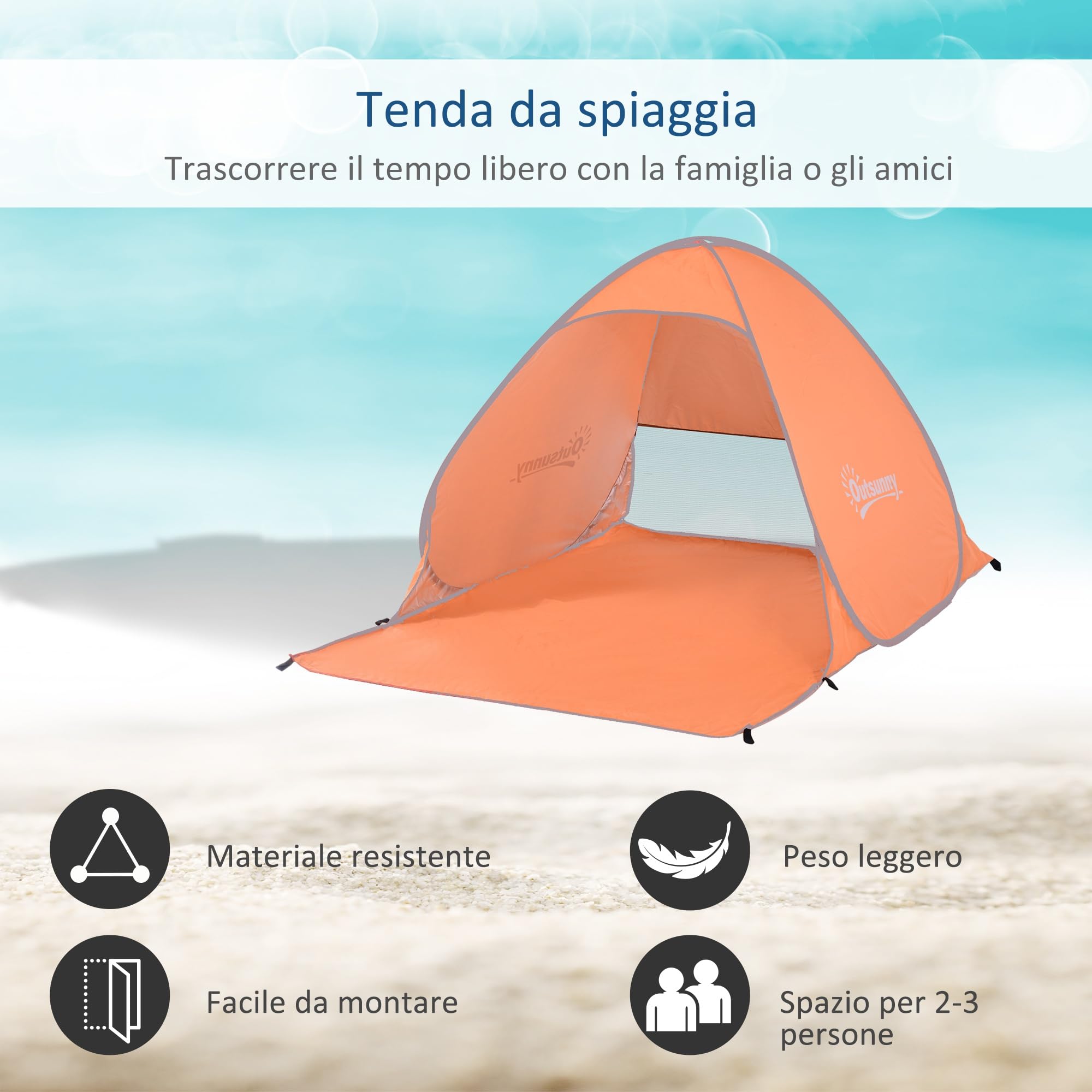 Outsunny Tenda da Spiaggia Pop Up con Protezione UV 30+, Tendalino da Mare Pieghevole con Finestra e Borsa di Trasporto, 200x150x119 cm
