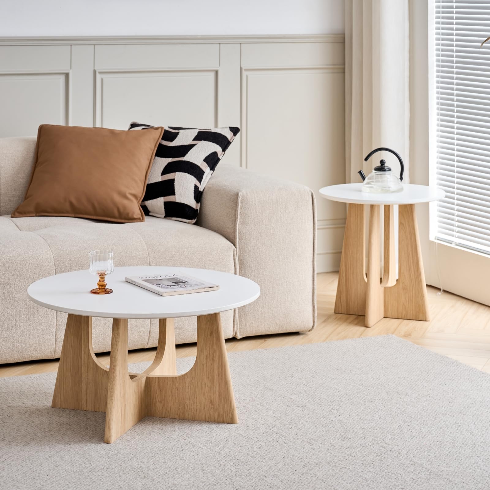 GrandCA HOME Set di 2 Tavolino Rotondo da Caffè, Tavolino da Soggiorno in Stile Minimalista Moderno, Materiale in Fibra di Legno a Media Densità, Adatto per Soggiorno, Camera da Letto - Bianco