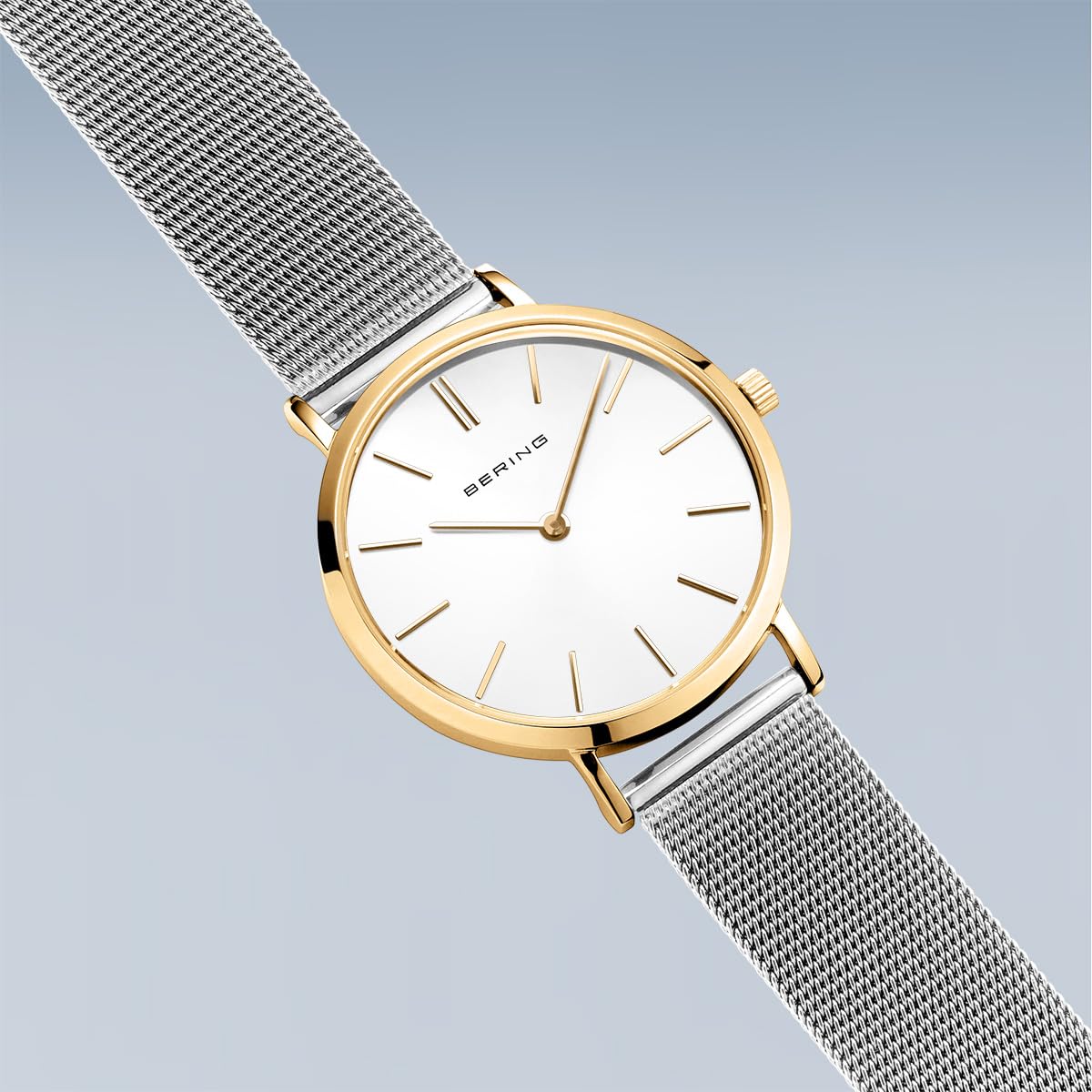 BERING Damski zegarek kwarcowy, zegarek na rękę, 34 mm, złota koperta ze stali nierdzewnej i biały cyferblat, bransoleta mediolańska, szkło szafirowe, 3 ATM, 14134-010