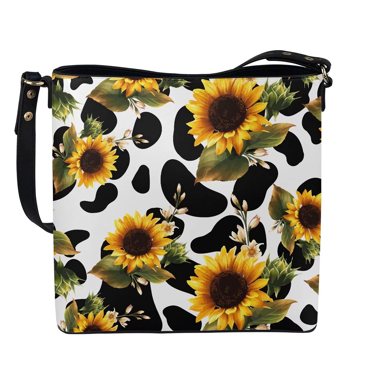 chaqlin Torby crossbody torba wiaderkowa damska damska torebka na ramię skóra PU podróżne zakupy praca torby kurierskie, Słonecznik z krową, Rozmiar Uniwersalny