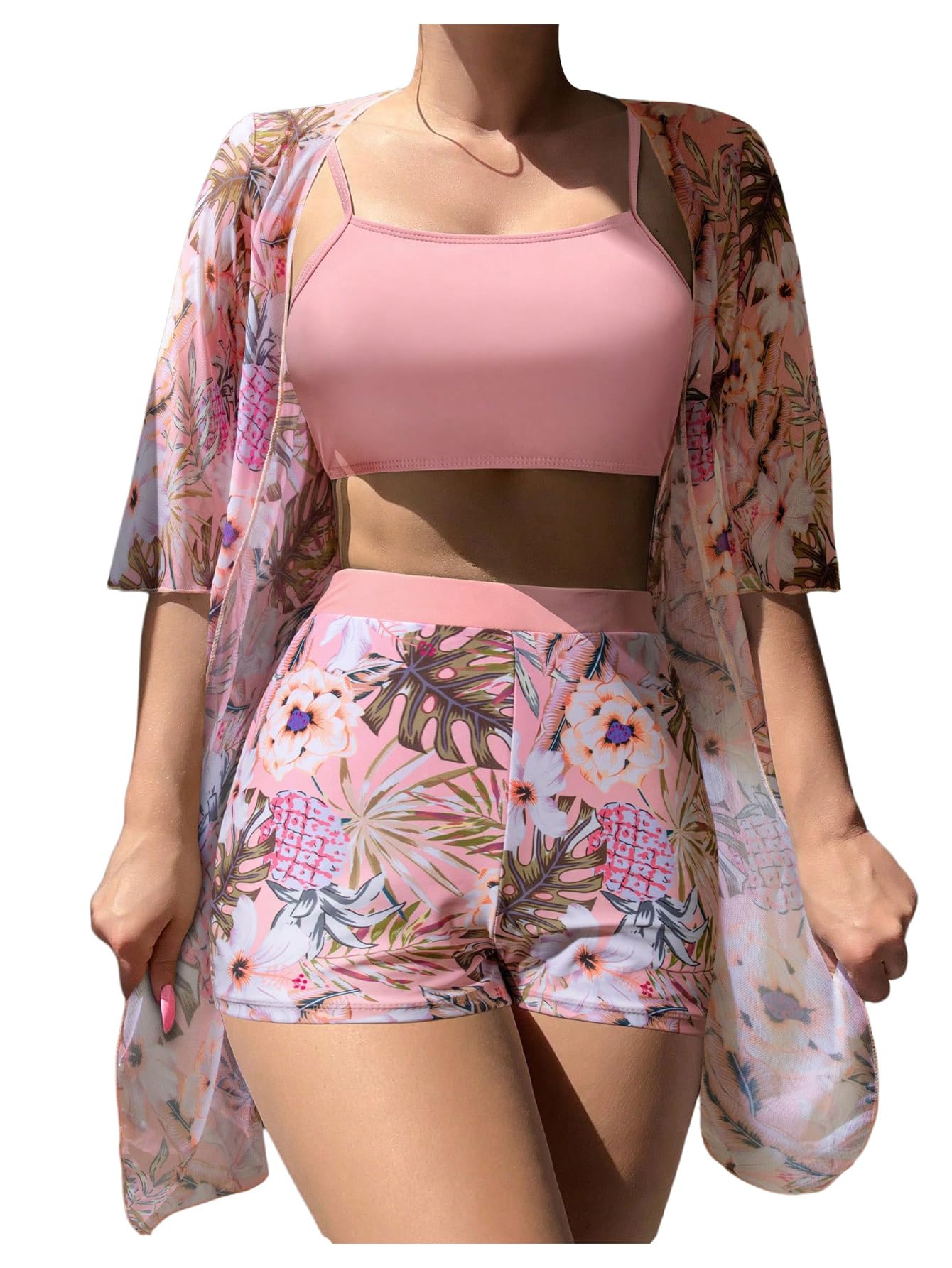 shenhe Women's Tropical Bikini Set High Waisted Boyshorts 3 Piece Swimsuits with Kimono Cover Up-picture-10