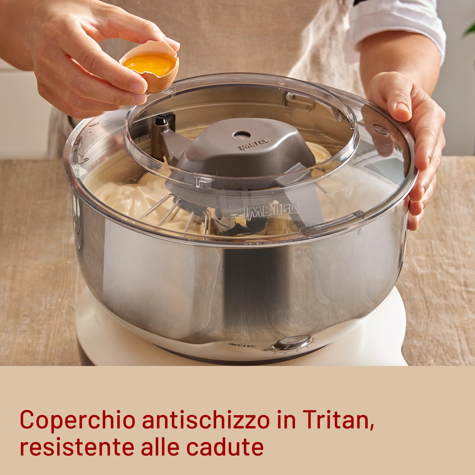 Imetec CakeLover, Impastatrice Planetaria di 5L per Torte, Dolci, Pizza, Pane, Pasta – 1500 W, 6 Velocità, Ciotola in Acciaio Inox, Doppio Gancio, Fruste – Design Compatto, Ricettario Incluso