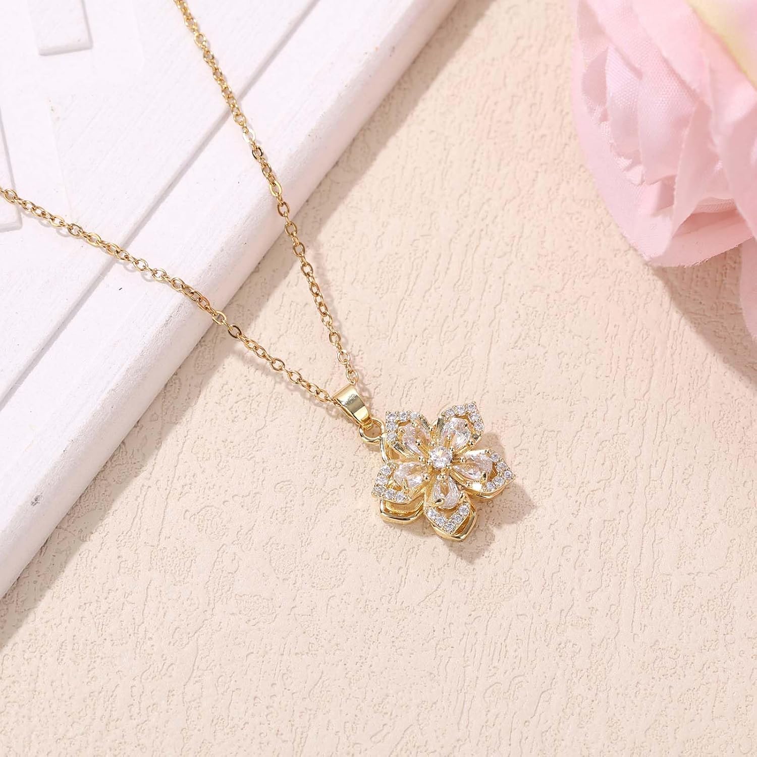 Mikovivi Flower Necklaces, Delicate Rotatable Crystal Bauhinia Flower Pendant Necklace Adjustable Anxiety Relief Fidget Jewelry for Women Retro Fashion Interesting Jewelry Accessories image 3