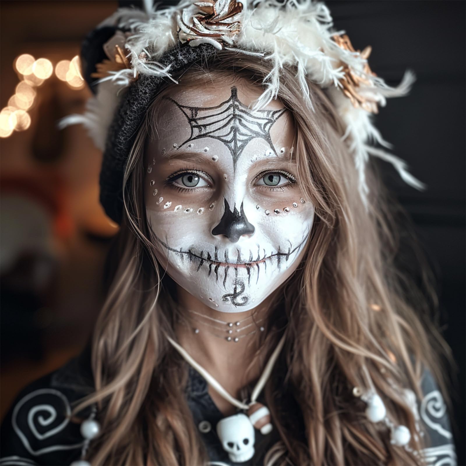 Kit de pintura facial en blanco y negro, kit de maquillaje de Halloween incluye pintura, pincel, accesorios de disfraz, hoja de cristal para maquillaje de esqueleto SFX 5