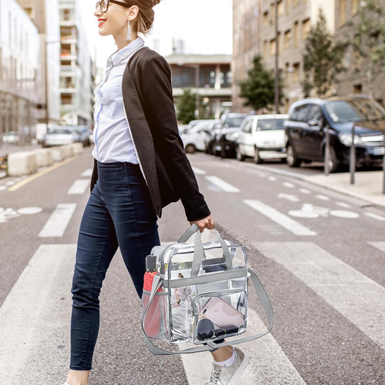 Borsa per il trasporto trasparente, piccola borsa a tracolla trasparente in PVC, borsa da stadio con cerniera e tasche per shopping, viaggi, festival