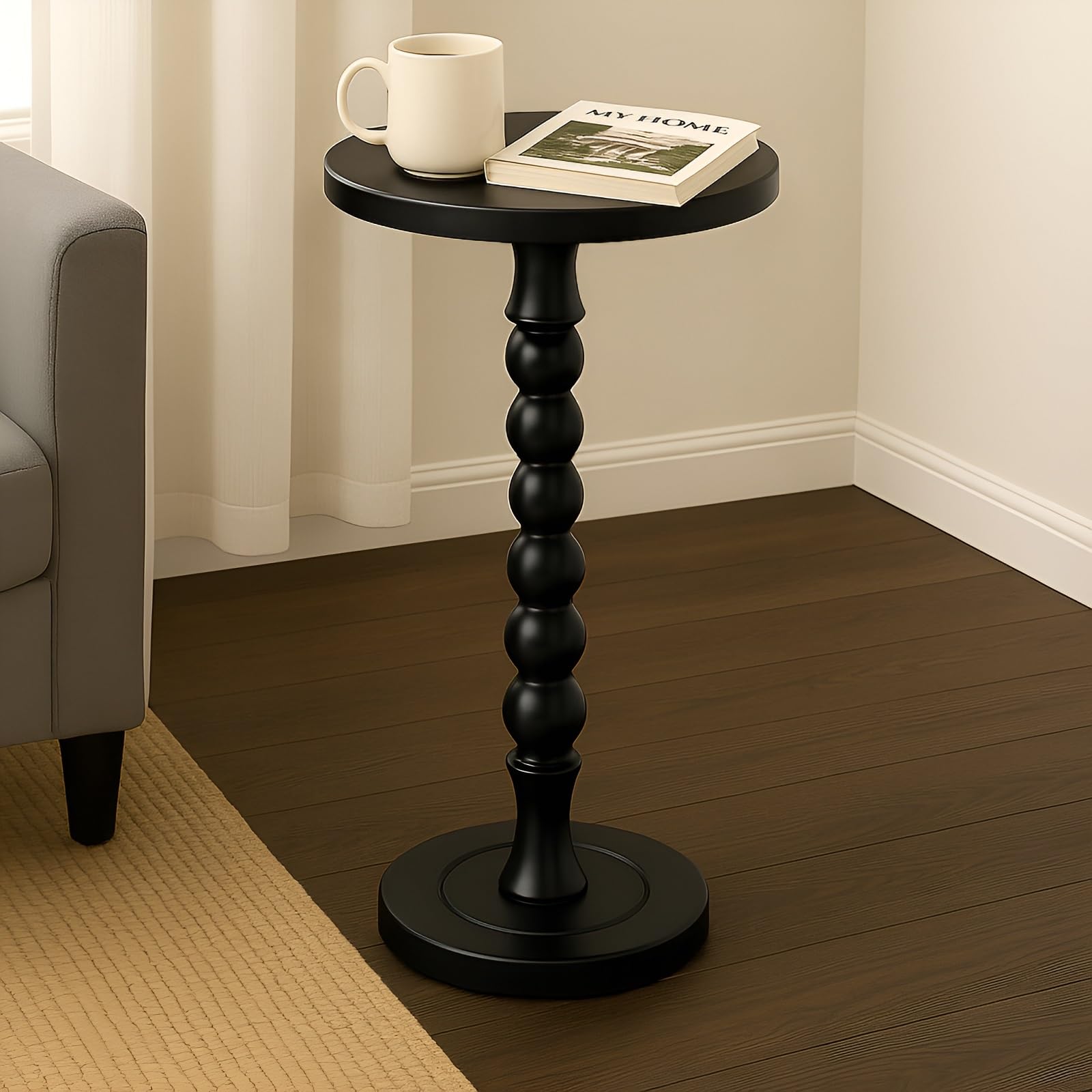 Table d'appoint Ronde pour Petits espaces, Table à Boissons avec piédestal en chêne, Table de Chevet Moderne pour Salon, Chambre, Bureau et Coins, Assemblage sans Outil, Noire