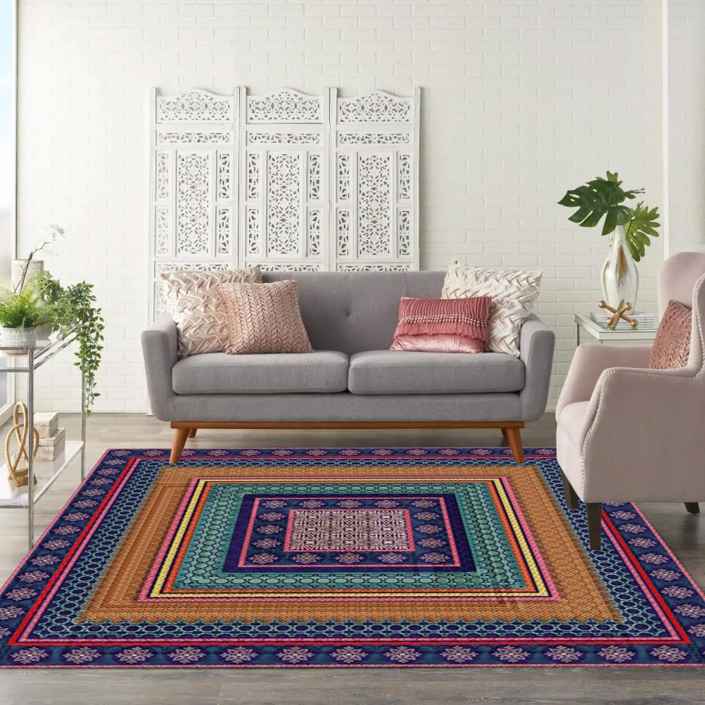 Purple Teal Brown Boho Chic Ethnic Style Vintage Sense Square Rug for Living Room Bedroom Diningroom Aesthetic Carpet Under Guestroom Table Art Deco