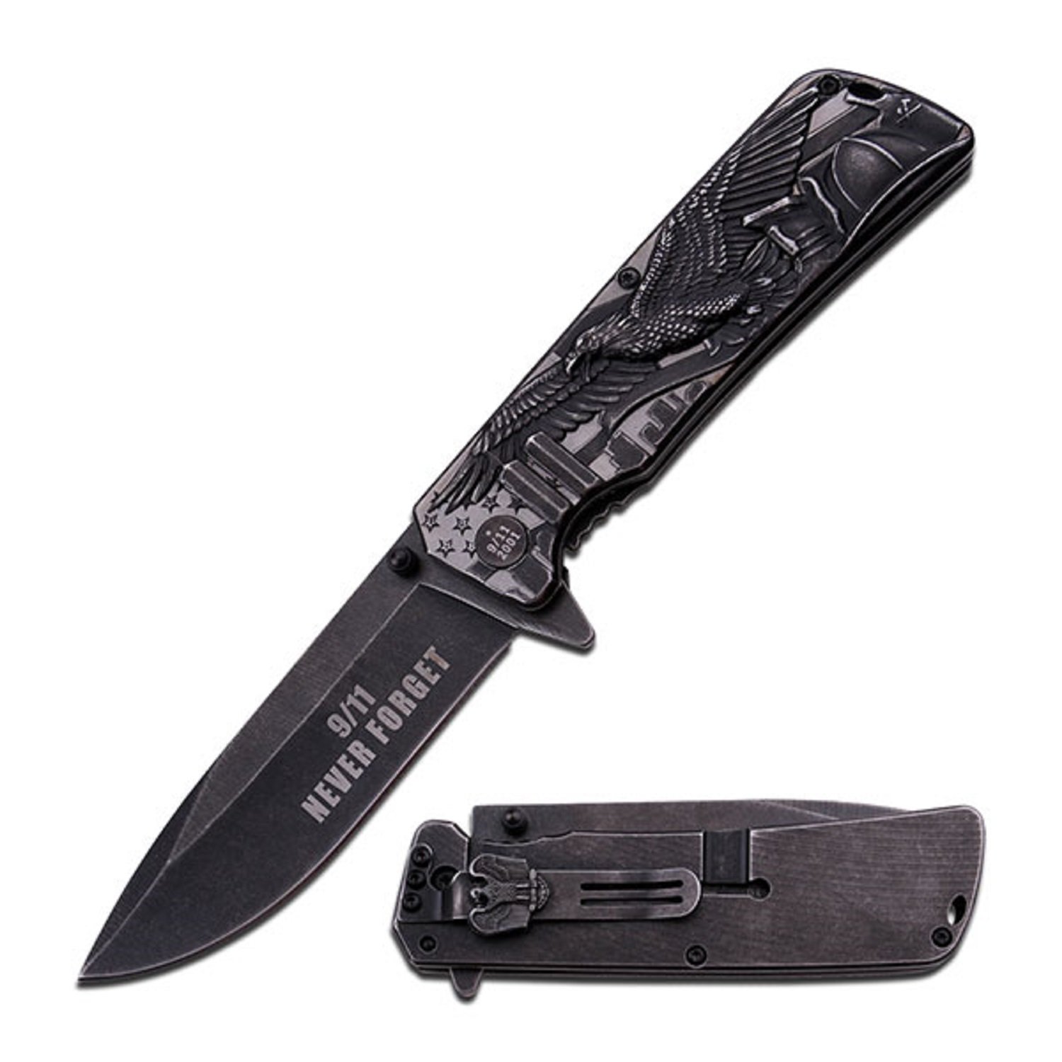 Commemorative 9/11 "Never Forget" Limited Edition A/O Folding Knife - Stone Washed Black