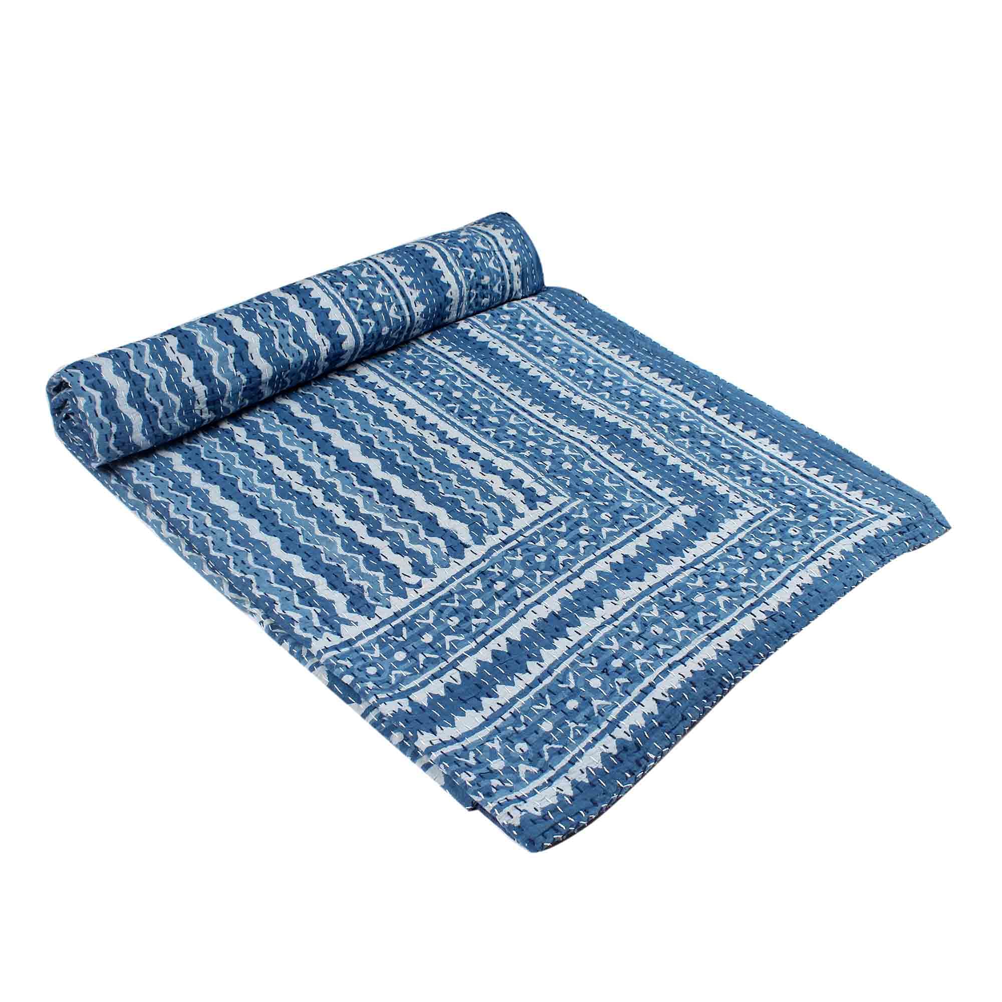 Traditionnel Jaipur Indien Pur Coton Indigo Bleu Kantha Couvre-lit Courtepointe Queen Size Courtepointe Indienne Handblock Kantha Couverture Zig Zag Impression Kantha Gudri