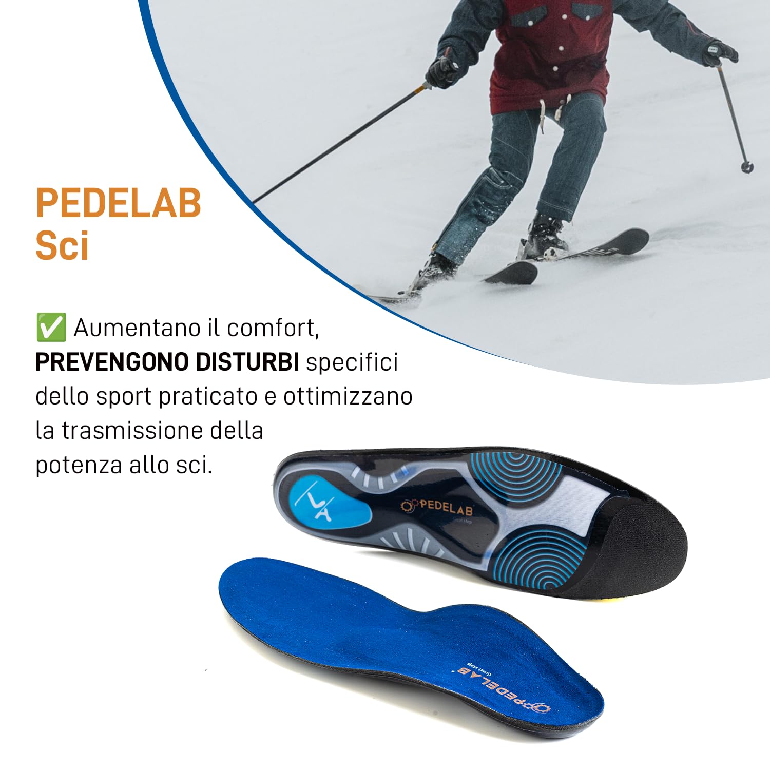 Pedelab Sport Sci | Plantari Ortopedici, Misura L 41-42 per Scarpone da Sci | Solette Sportive per Comfort e Stabilità per Sciatori | Supporto Pressione Avampiede e Ginocchio | In Microfibra