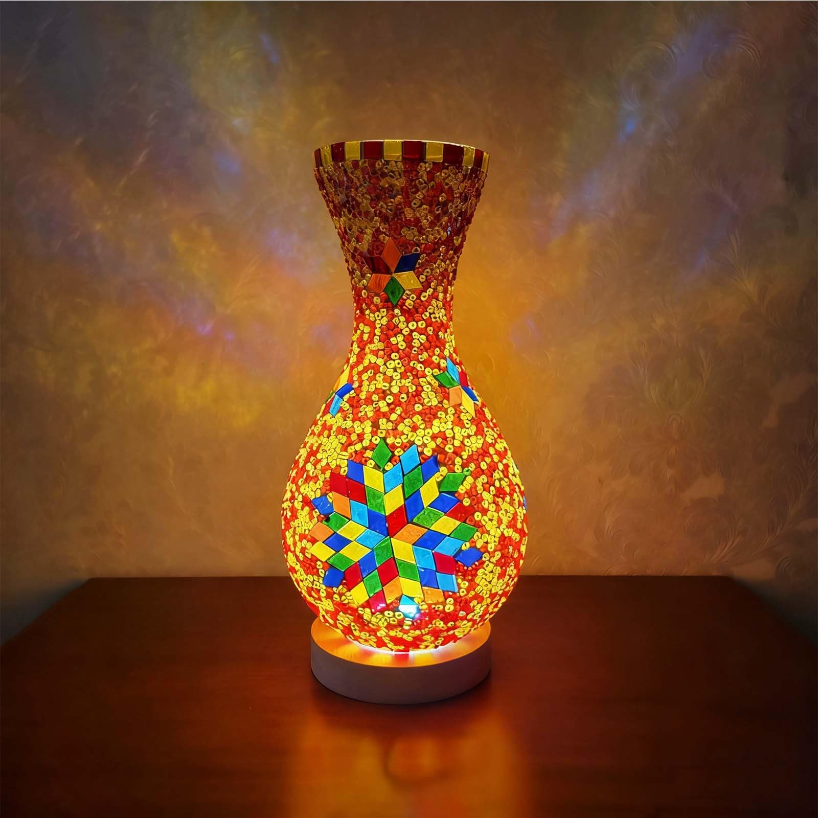 wpdash Mosaic Vase Lamp Turkish Moroccan Table Lamp Colorful Handmade Glass Vase with Wood Base Can be Arranged with Flowers Decor Light for Bedroom Ambient Living Room Farmhouse（5.11in*11in）