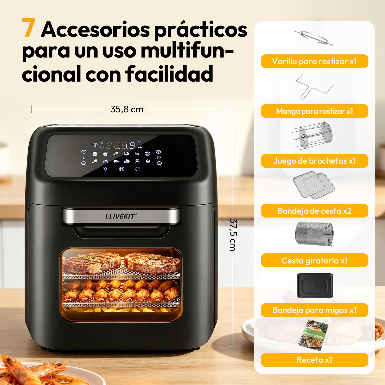 LLIVEKIT Freidora de Aire Caliente 12 L, Horno de Aire Caliente, Mini Horno de 1800 W, Freidora de Aire Sin Aceite 12 en 1 con Pantalla LED Digital, Deshidratador de Frutas, Barbacoa