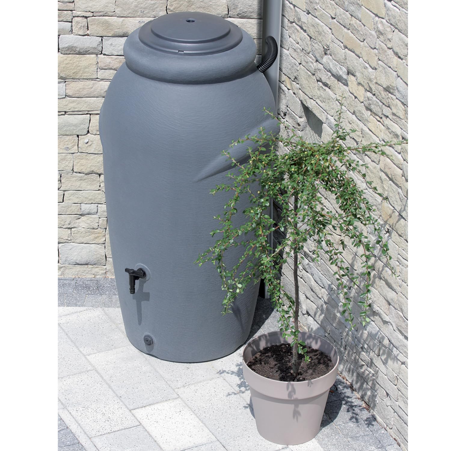Serbatoio per Acqua Piovana Aquacan 210L | 56x59,9x118,3 cm | 2 Punti di Attacco | Incluso Inserto per Fiori Rubinetto e Sistema di Raccolta Acqua | Cisterna da Giardino | Colore Grigio Design Moderno